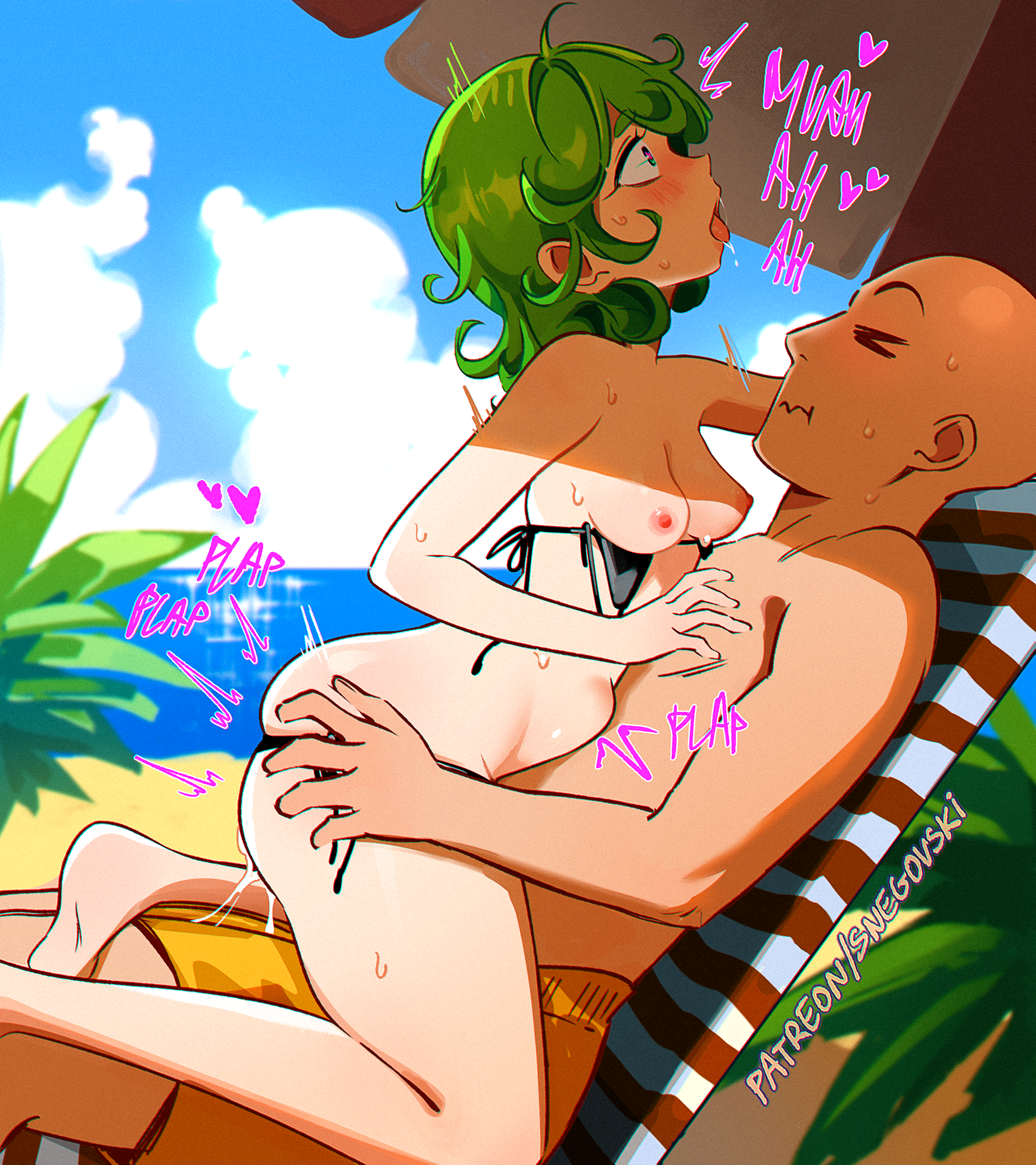 1boy, 1girls, bald, beach, bikini, breasts, feet, female, female penetrated, green hair, hand on hip, male, male penetrating, male penetrating female, male/female, moaning, one-punch man, outdoors, penis in pussy, saitama, sex, shorts, small breasts, snegovski, stomach bulge, straight, tatsumaki, tongue, tongue out, vaginal, vaginal penetration, vaginal sex