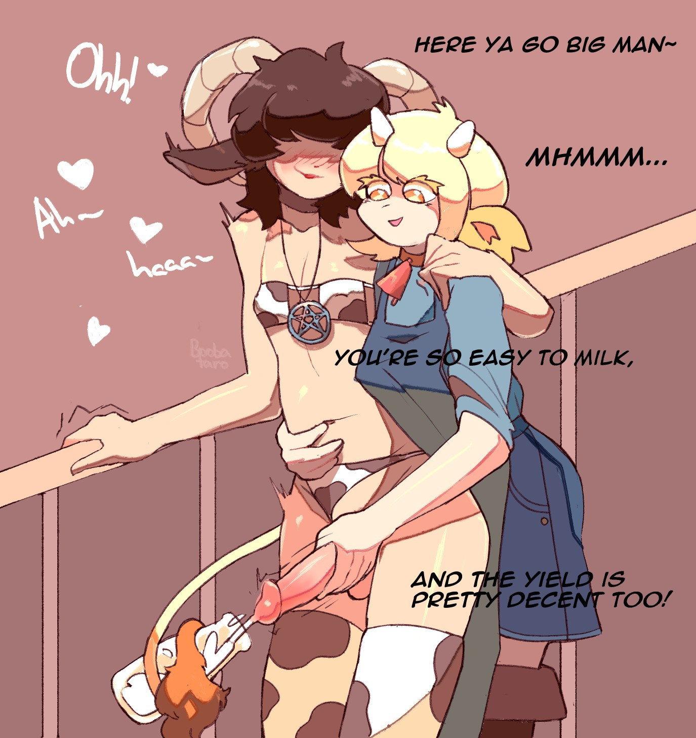 2boys, artist name, belly button, blonde hair, blush, boobataro, boots, bovine, brown hair, collar, cow bell collar, cow print, cow print bra, cow print lingerie, cow print panties, cow print thighhighs, crossdressing, cum, cum in bottle, cum milking, cumming, dialogue, english text, erect nipples, eyeless, eyeless male, femboy, hand on another's stomach, handjob, hi res, horn, looking down, looking down at penis, male, milking, monologue, navel, nipples, onomatopoeia, panties aside, penis, penis milking, railing, smile, tail, text, thighhighs, tremble spikes, yellow eyes
