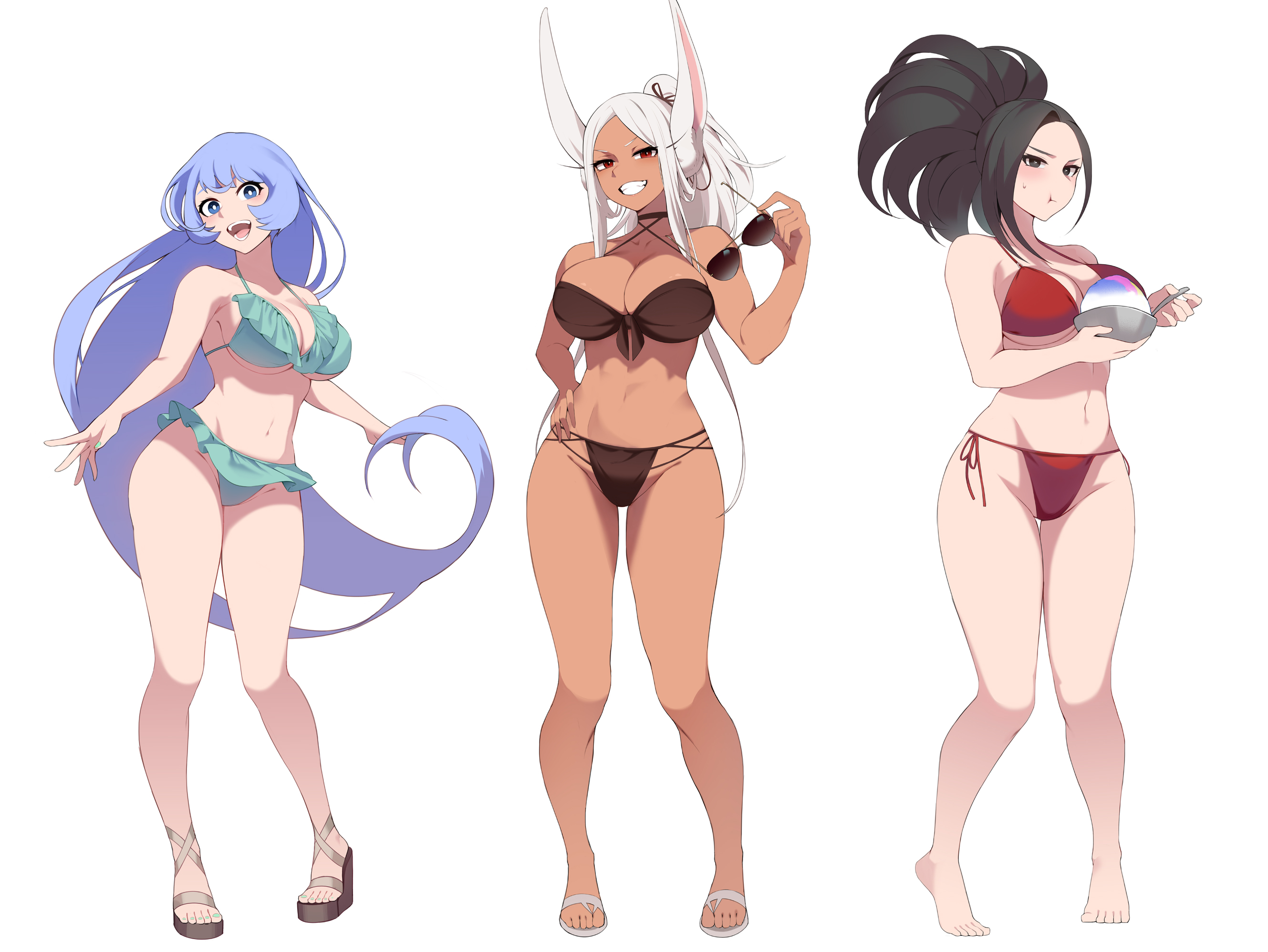 :d, :t, 3girls, abs, alternate costume, alternate hairstyle, animal ears, aqua bikini, aviator sunglasses, barefoot, big breasts, bikini, bikini skirt, black bikini, black choker, black eyes, black hair, black-haired female, blue eyes, blue hair, blue-haired female, boku no hero academia, bowl, breasts, chocolate and vanilla, choker, cleavage, collarbone, commentary, criss-cross halter, dark skin, dark-skinned female, eyewear removed, feet, female, female only, fit female, food, frilled bikini, frills, front-tie bikini top, front-tie top, full body, hado nejire, hair between eyes, halterneck, hand on own hip, highres, holding, holding bowl, holding removed eyewear, hourglass figure, human, human female, kemonomimi, kopam, large breasts, light blue hair, light skin, light-skinned female, long eyelashes, long hair, looking at viewer, mirko, miruko, momo yaoyorozu, multiple females, multiple girls, my hero academia, nail polish, navel, nejire hado, open mouth, parted bangs, ponytail, pout, rabbit ears, rabbit girl, red bikini, red eyes, sandals, shaved ice, side-tie bikini bottom, simple background, slim waist, smile, spoon, stomach, sunglasses, sweatdrop, swimsuit, symbol-only commentary, thick thighs, thigh gap, thighs, toenail polish, toenails, toes, toned, toned female, unworn eyewear, very long hair, white background, white hair, white-haired female, wide hips, yaoyorozu momo