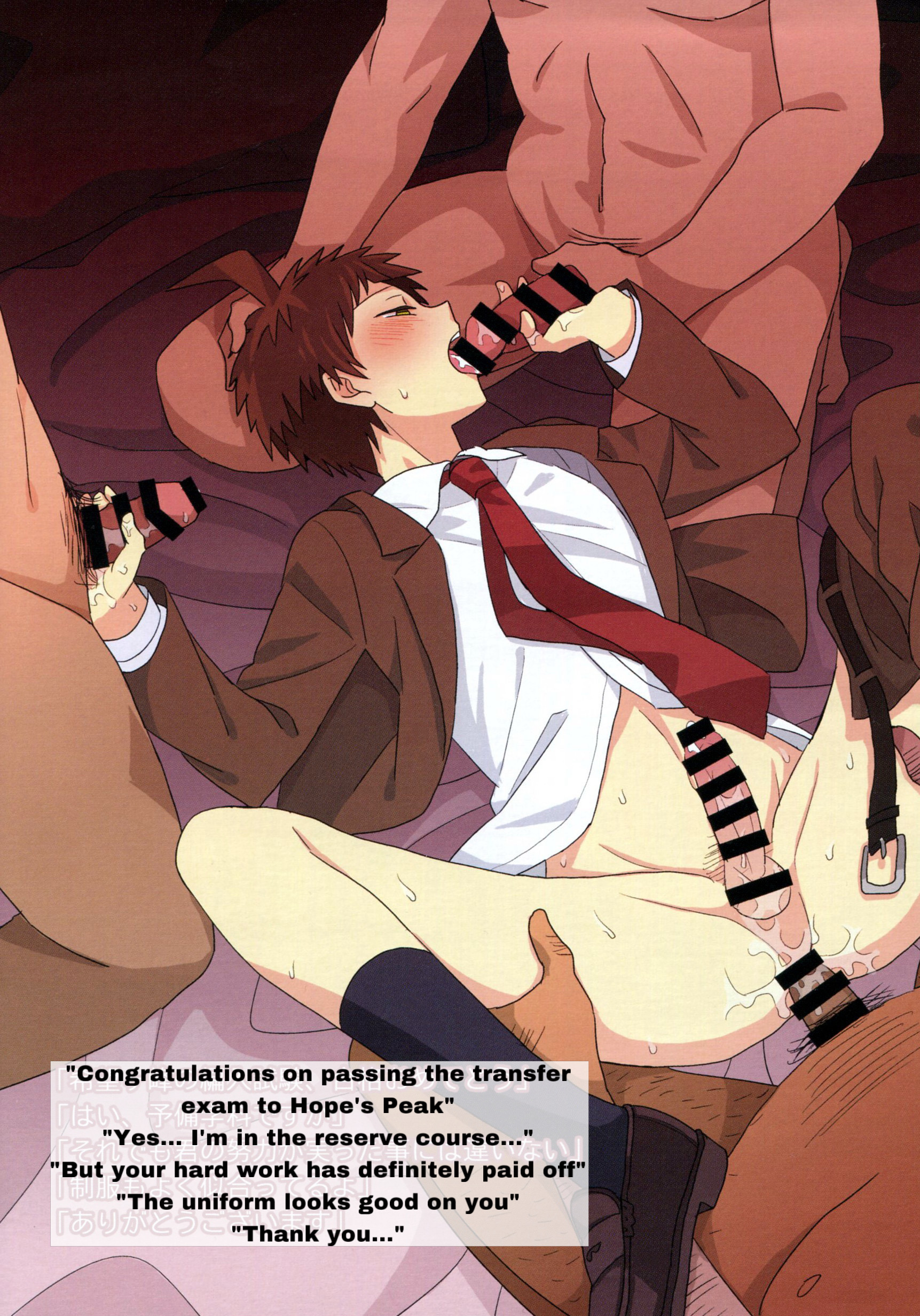 4boys, age difference, anal, anal sex, ass, blowjob, blush, censor bar, censored, censored penis, danganronpa, danganronpa 2: goodbye despair, dialogue, foursome, gay, gay anal, gay blowjob, gay domination, gay male, gay sex, group, group sex, hinata hajime, holding penis, legs apart, legs held open, legs spread, legs up, licking, licking penis, male, male focus, male only, male penetrated, male penetrating, male penetrating male, male/male, older male, older male and younger male, orgy, partially clothed, penis, penis in ass, shirt, skinny, spread legs, translated, yaoi, young