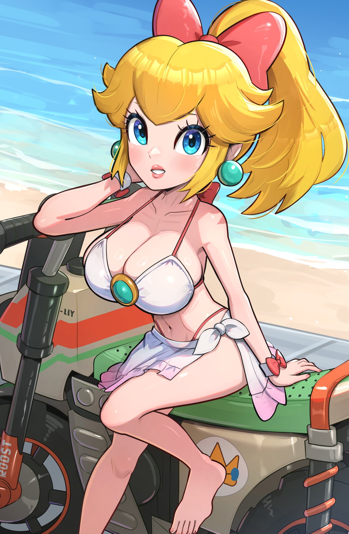 2d, beach, big breasts, bikini, blonde female, blonde hair, blue eyes, bow, breasts, busty, busty female, clothing, earrings, female, gonzarez, human, large breasts, mario (series), mario kart, mario kart world, motorcycle, nintendo, official alternate costume, outdoors, pale skin, pink bow, pink lipstick, ponytail, princess peach, princess peach (touring), public, rally bike (mario kart), smiling, super mario bros., swimwear, tagme, yellow hair
