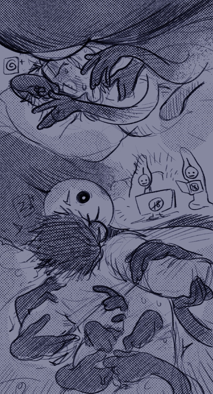 2boys, anal fingering, anus, bed, blush, blushing male, clothed, clothed male, clothed sex, clothing, gay, hidden face, kissing, look outside, magiclandxxl, male, mask, masked, monster, multi arm, multi limb, sam (look outside), shadow (look outside)