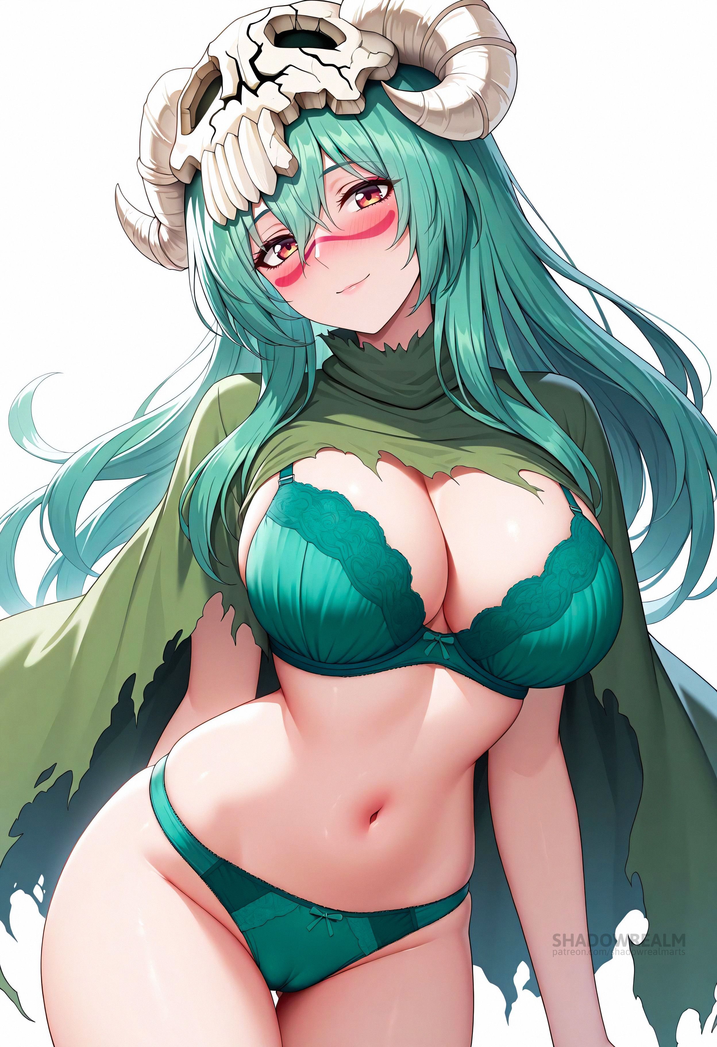 ai generated, bleach, blush, bow, bow panties, bra, breasts, cameltoe, cape, cleavage, closed mouth, cowboy shot, facial mark, female, green bra, green hair, green panties, hair between eyes, horns, large breasts, long hair, looking at viewer, navel, nelliel tu odelschwanck, panties, pussy, shadowrealmarts, simple background, skull, smile, solo, stomach, thigh gap, thighs, torn cape, torn clothes, uncensored, underwear, white background, yellow eyes