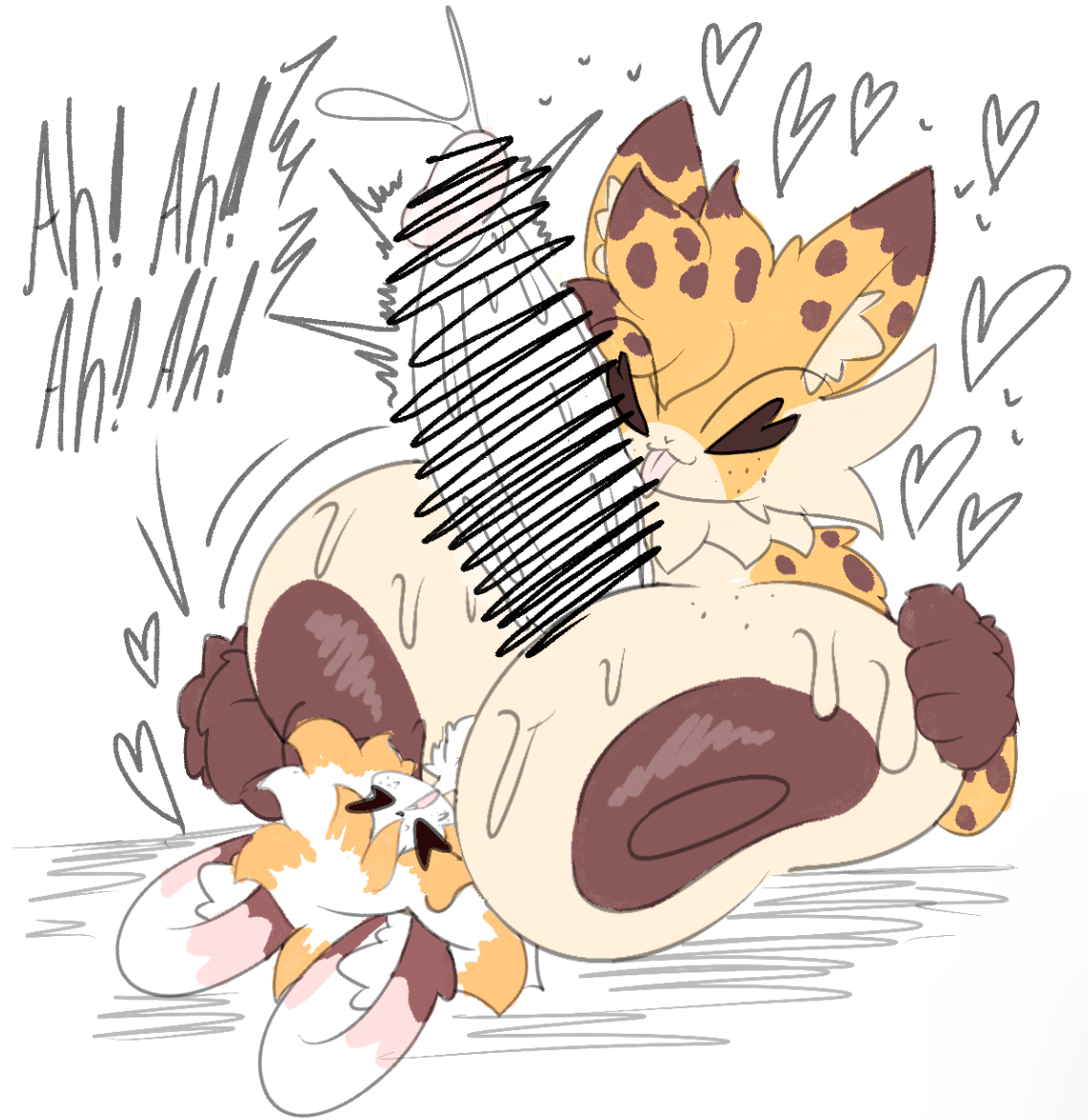 1boy, bigger male, boobjob, breasts, censored, dark nipples, female, gigantic areola, gigantic breasts, gigantic penis, huge areola, huge areolae, huge breasts, huge cock, huge nipples, lea (rogywantscoffee), leopard, male, massive breasts, merry noel (rogywantscoffee), mouse, mouse ears, mouse girl, mouse humanoid, mouse tail, penis, rogywantscoffee, size difference, small but hung, smaller male, sweat, titjob