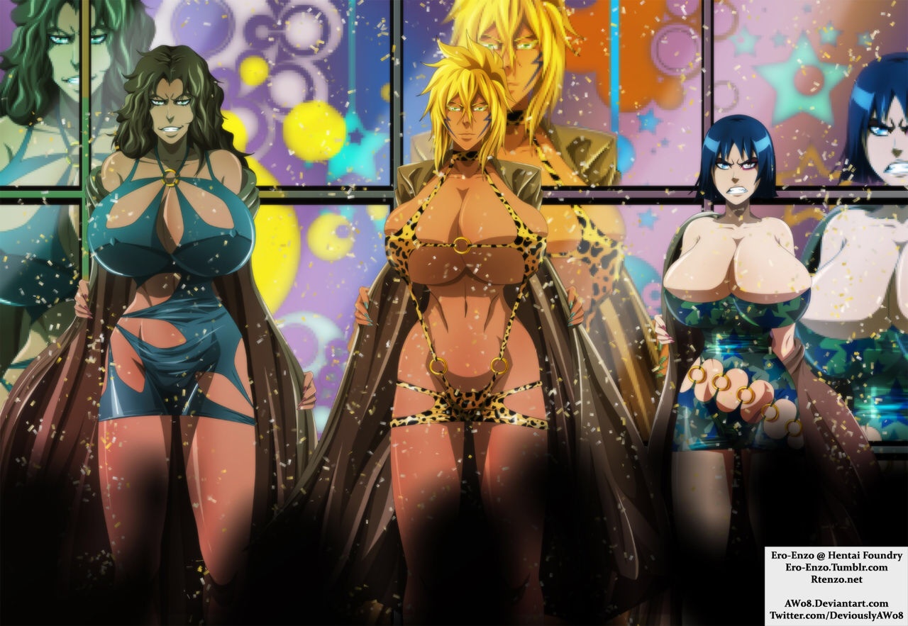 3girls, abs, angry, animal print, arrancar, ass, bare shoulders, bleach, blonde hair, bodycon, breasts, brown eyes, brown hair, busty, cheetah print, cleavage, clothing, dark skin, dark-skinned female, dress, emilou apacci, ero-enzo, espada, female, female only, frowning, grin, huge ass, huge breasts, microdress, mila rose, minidress, muscular, muscular female, presenting, revealing clothes, skimpy, smiling, text, thick thighs, tia harribel, url, voluptuous, watermark, wide hips