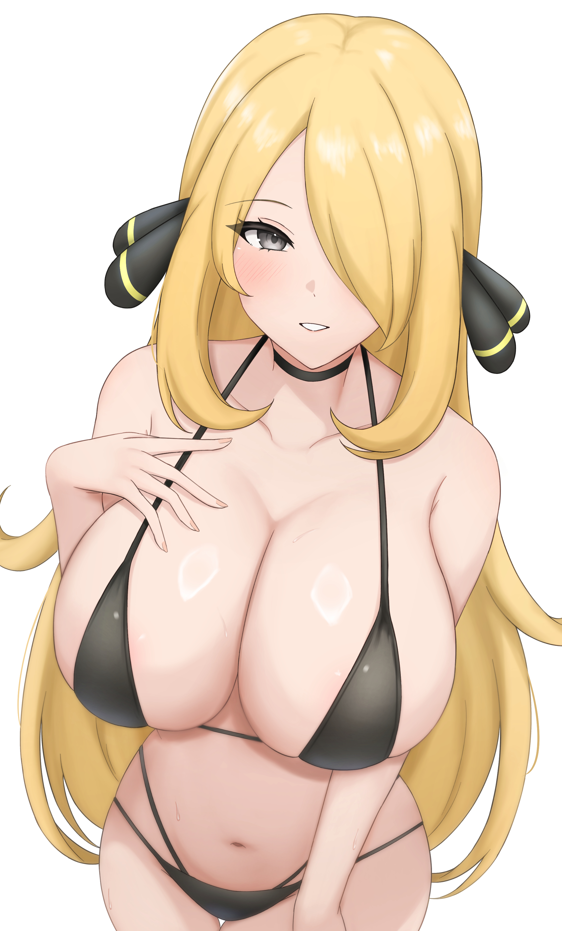 bare arms, bare belly, bare shoulders, belly button, bikini, black bikini, black eyes, blonde hair, blush, breasts, choker, cleavage, collarbone, cynthia (pokemon), female, game freak, hair over one eye, huge breasts, long hair, nintendo, parted lips, pokemon, pokemon dppt, shiny skin, sideboob, smile, wachikumori, white background