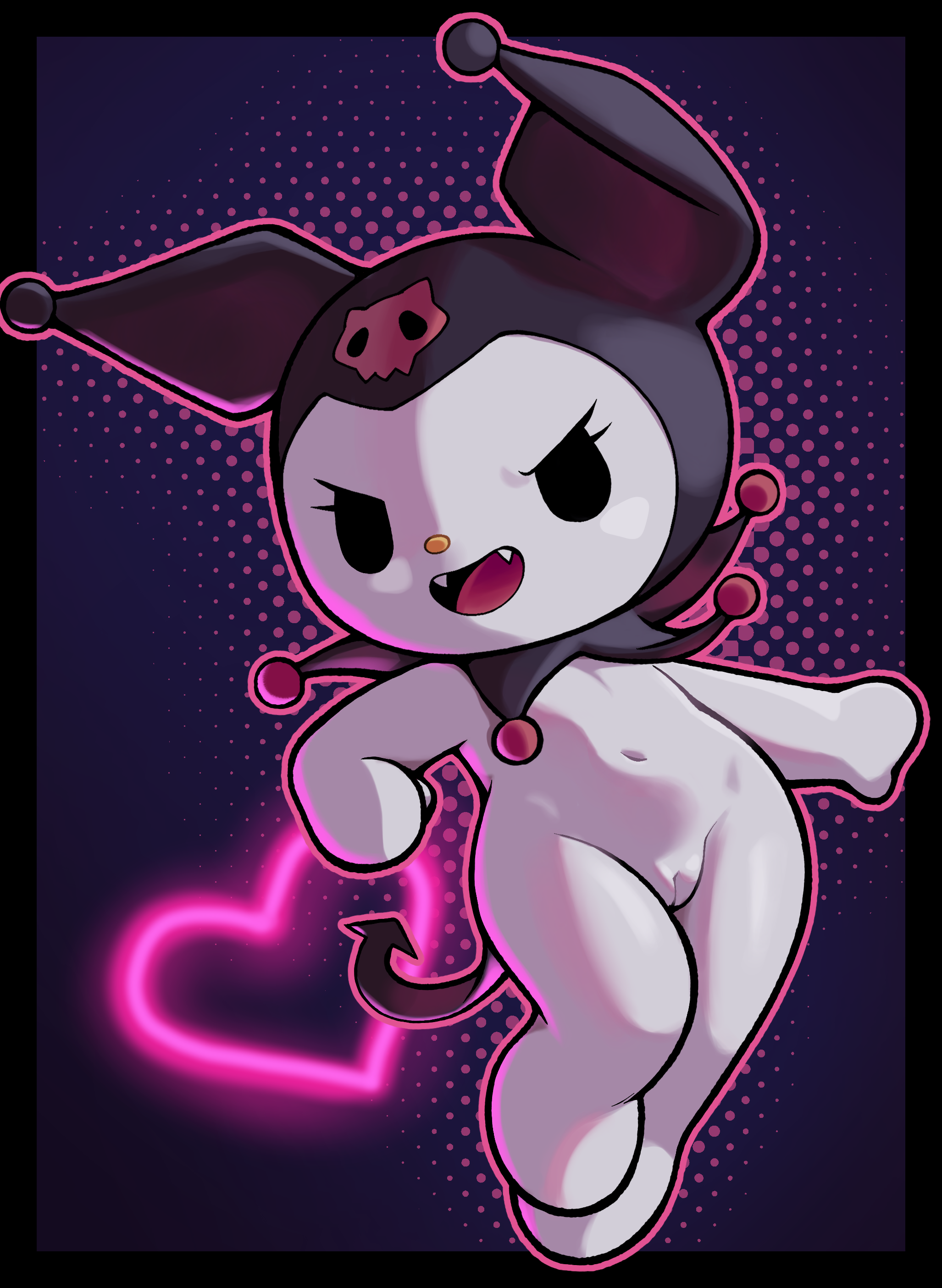 1girls, anthro, bunguy, fangs, female, female only, hi res, kuromi, lagomorph, looking at viewer, one eye closed, onegai my melody, open mouth, pussy, rabbit, sanrio, solo, tongue