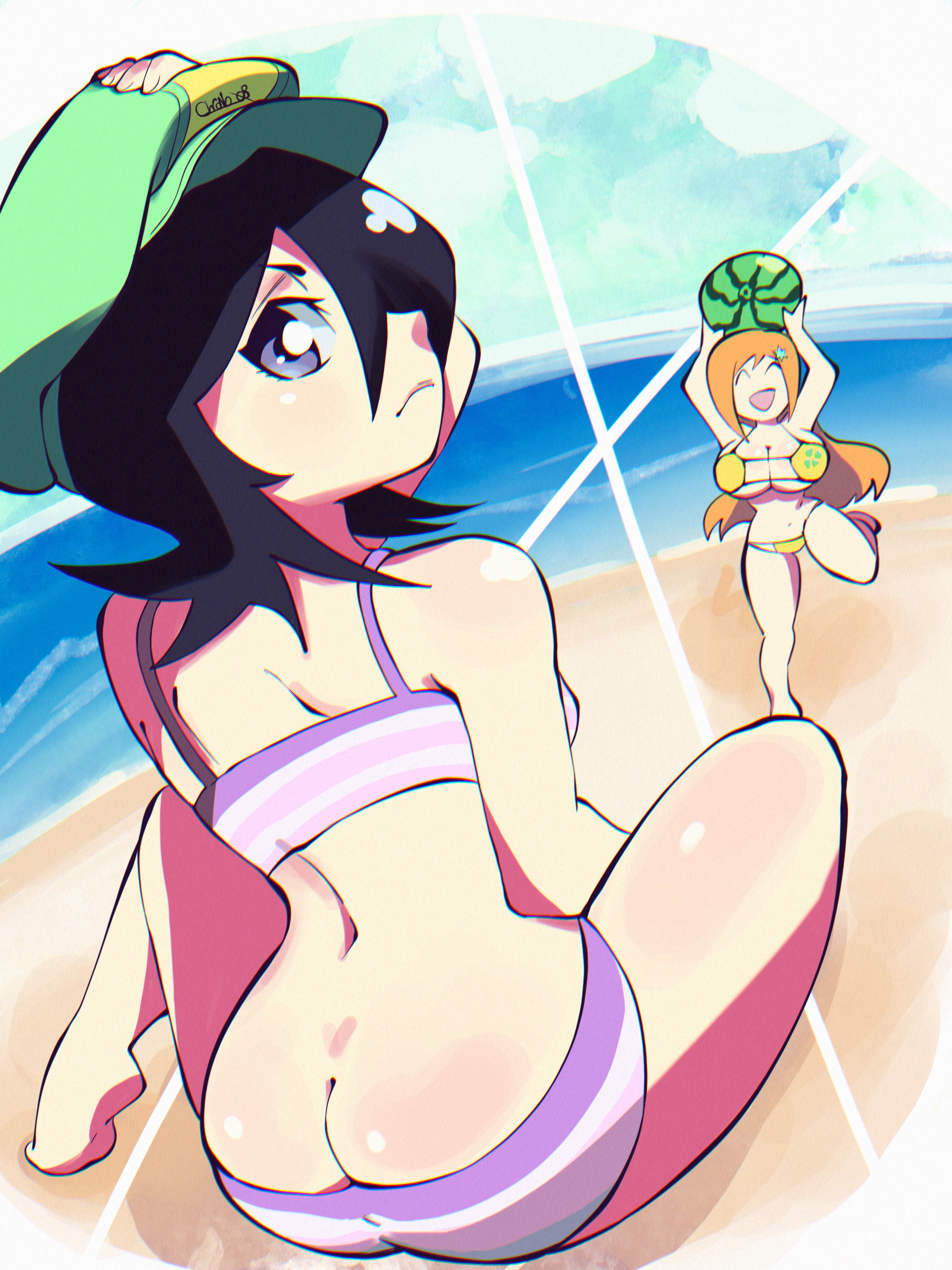 2girls, ass, ass crack, beach, bikini, bleach, butt crack, chrono 08, dumptruck ass, fat ass, fat breasts, female, female only, flat belly, inoue orihime, kuchiki rukia, large breasts, multiple females, multiple girls, small breasts, swimsuit, tagme, watermelon