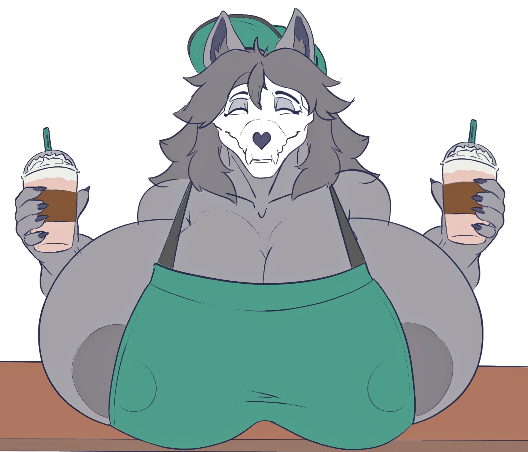 1girls, anthro, apron, apron only, areola slip, big breasts, black body, black hair, breasts, breasts bigger than head, breasts on table, closed eyes, closed eyes smile, coffee cup, coffee shop, ears, female, furry, hat, huge breasts, hyper breasts, long hair, mal0, malo, nipple bulge, nipples visible through clothing, oleanderin, scp foundation, scp-1471, scp-1471-a, skull head, smile, solo, wolf, wolf girl
