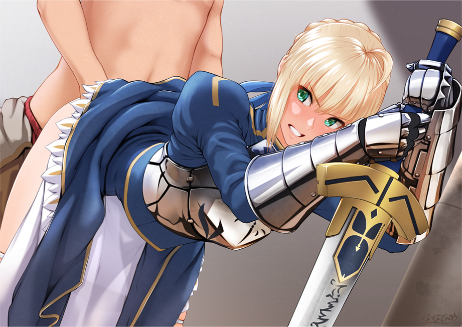 ahoge armor artoria_pendragon bent_over blonde_hair blush braid breastplate clothed_sex doggy_style dress dress_lift excalibur fate/stay_night fate_(series) from_behind gauntlets green_eyes long_sword nanahime_(aoi) panties panty_pull planted_sword planted_weapon saber sex sidelocks solo_focus sword tied_hair underwear weapon white_panties