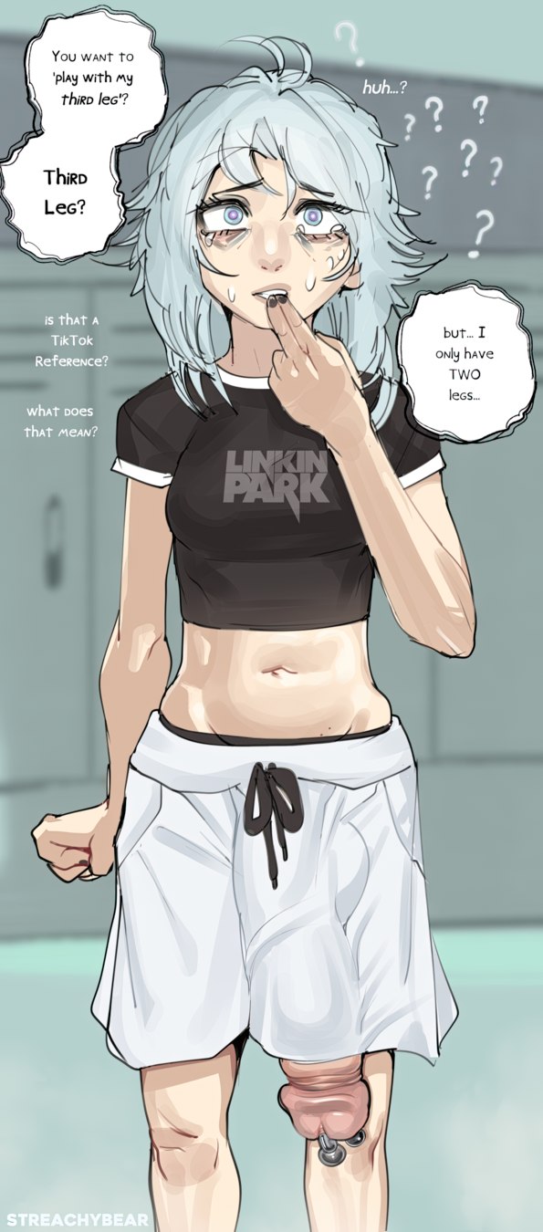 ?, 1futa, basketball shorts, bulge, bulge down leg, bulge through clothing, chainsaw man, confused look, crop top, dialogue, fami (chainsaw man), female, futa only, futanari, huge cock, inexperienced, intersex, nail polish, oblivious, penis, penis piercing, penis thick as legs, penis through leghole, penis to the knees, prince albert piercing, revealing clothes, shorts, solo, solo futa, sportswear, standing, streachybear, text, tomboy, unaware, wardrobe malfunction, workout clothes