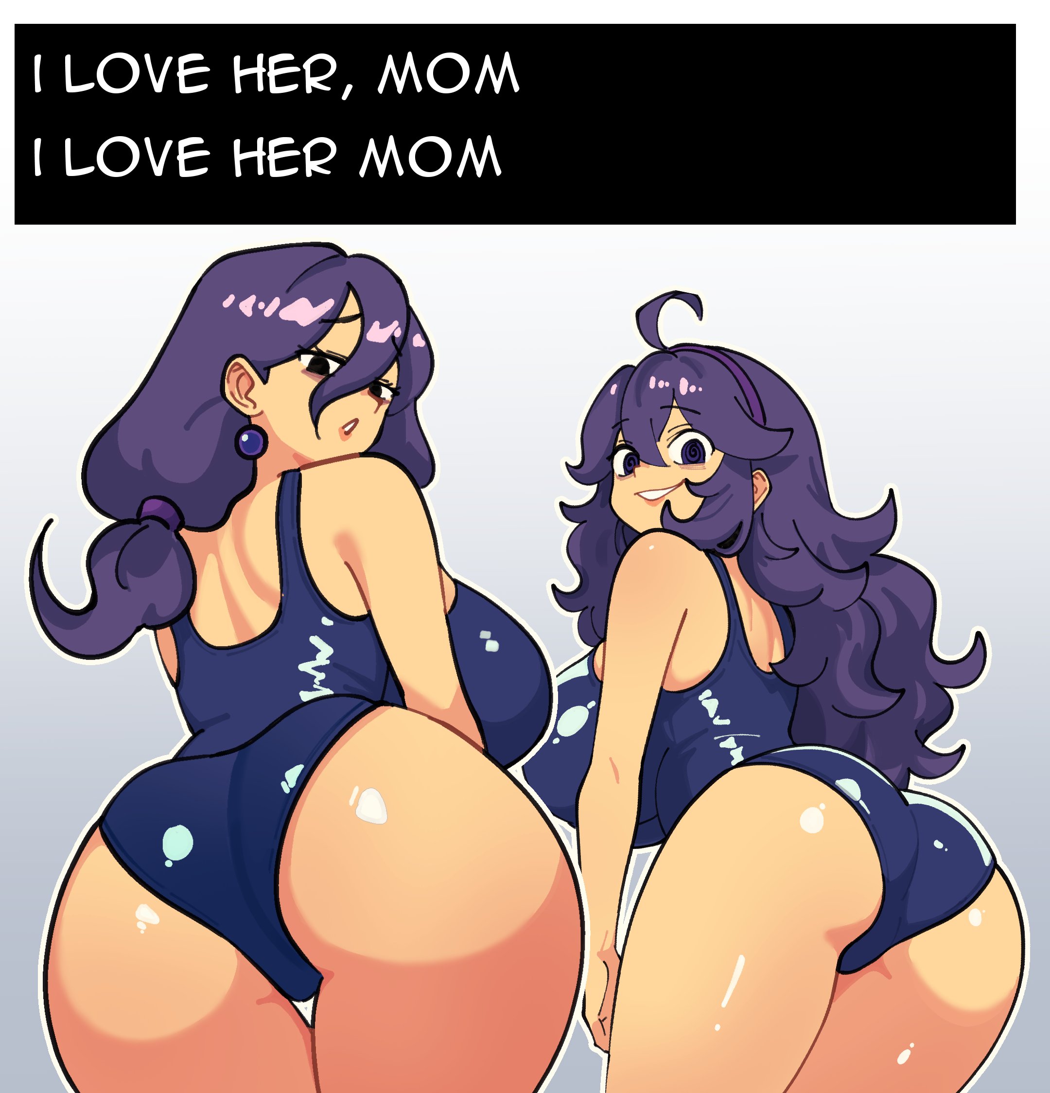 2girls, ass, back, back view, backboob, big ass, big breasts, black eyes, blue swimsuit, breasts, daughter, ear piercing, earrings, english, english text, female, female only, game freak, hair, hex maniac, hex maniac (pokemon legends: z-a), hex maniac (pokemon xy), huge ass, huge breasts, long hair, looking back, mature, mature female, mature woman, mayu naisu, milf, mother, mother and daughter, one-piece swimsuit, pokemon, pokemon legends: z-a, pokemon xy, purple eyes, purple hair, smile, swimsuit, swimwear, text, text box