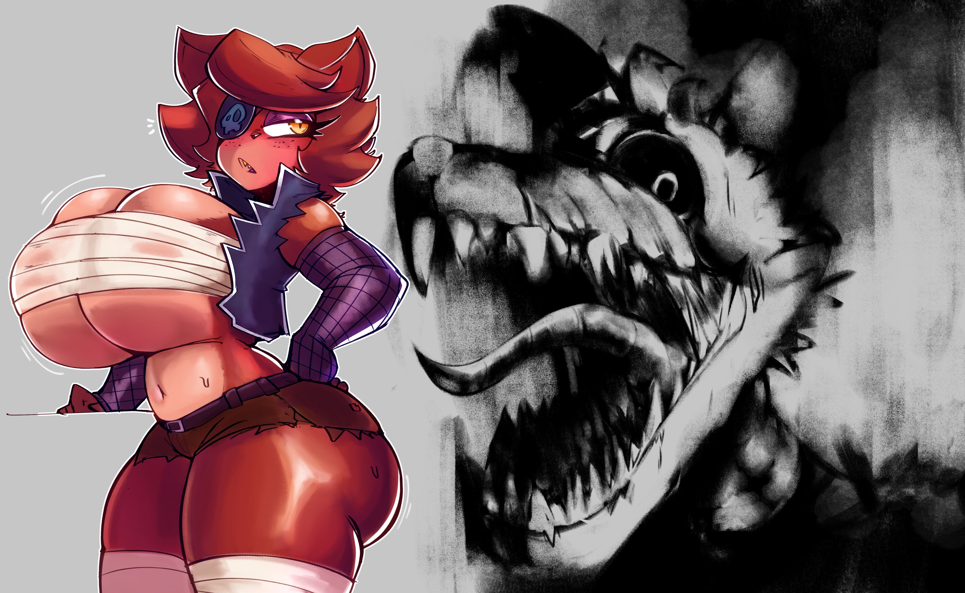 1girls, ass, breasts, cleavage, clothed, female, fexa, fexa (cryptia), five nights at freddy's, fnia, foxy (cally3d), foxy (fnaf), fredina's nightclub, garp sand, huge ass, huge breasts, no bra, revealing clothes, sideass, tagme, underboob