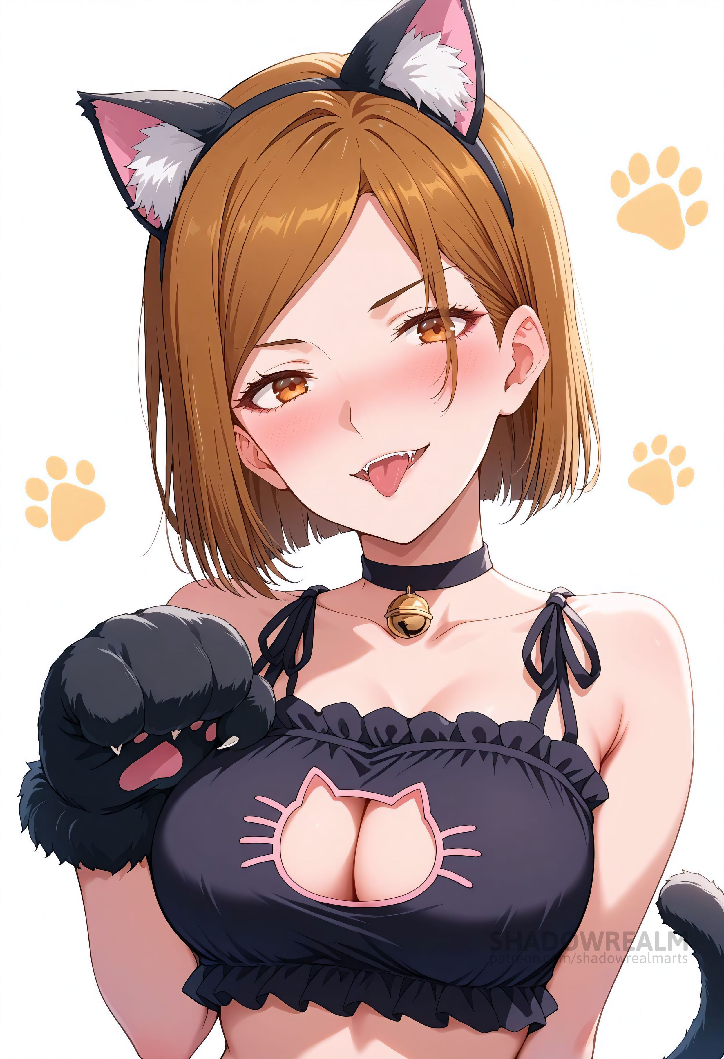 ai generated, animal ear fluff, animal ears, animal hands, bare shoulders, bell, black bra, black choker, blush, bra, breasts, brown eyes, brown hair, cat cutout, cat ears, cat lingerie, cat paws, cat tail, choker, cleavage, cleavage cutout, clothing cutout, collarbone, fake animal ears, fangs, female, frilled bra, frills, gloves, hand up, jingle bell, jujutsu kaisen, kugisaki nobara, large breasts, looking at viewer, meme attire, neck bell, open mouth, paw gloves, paw pose, paw print, shadowrealmarts, short hair, simple background, smile, solo, tail, teeth, tongue, tongue out, uncensored, underwear, upper body, white background