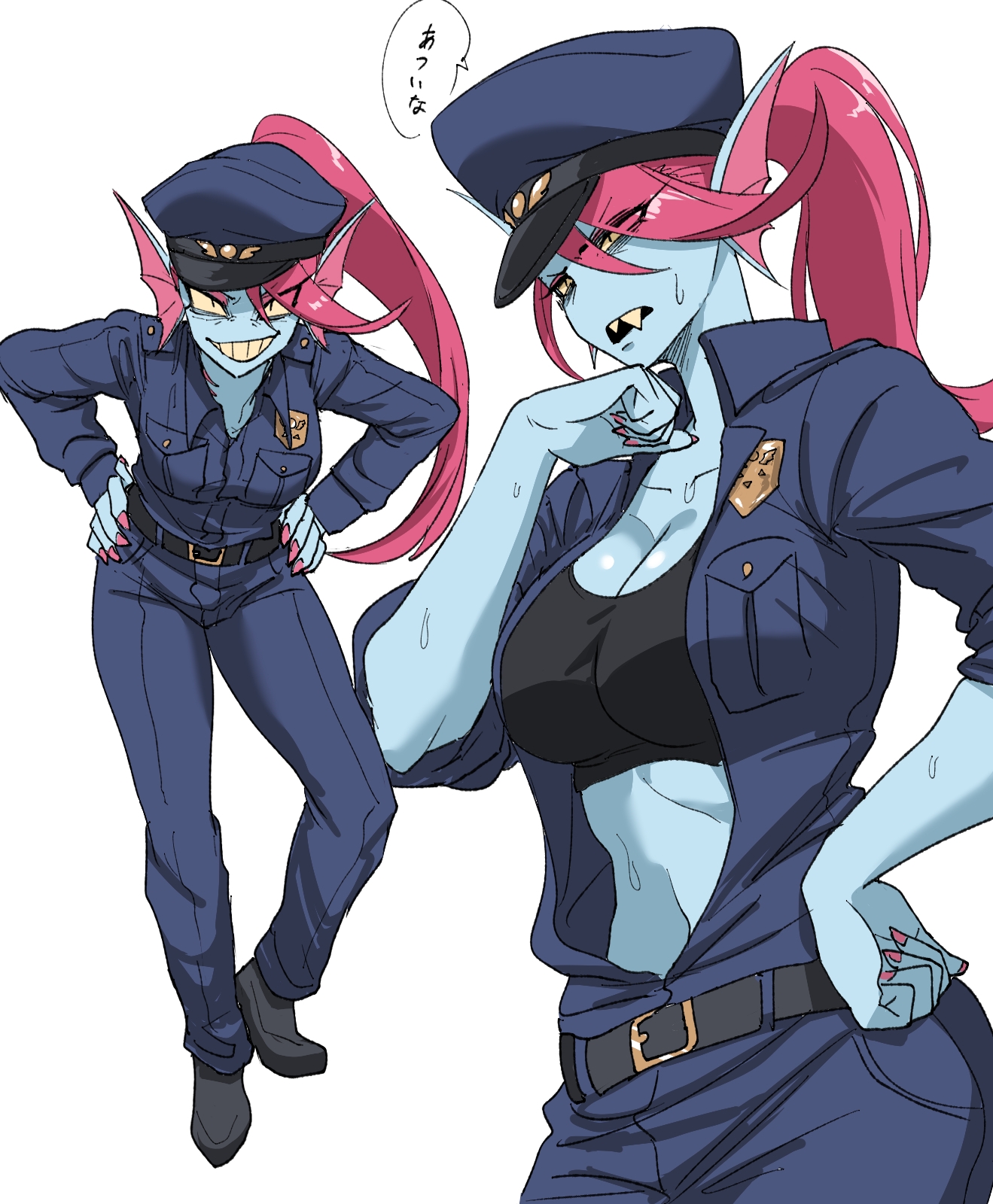 1girls, big breasts, bra, breasts, deltarune, female, ilo a5, monster girl, police, police uniform, sharp teeth, sweat, sweatdrop, sweating, undertale (series), undyne, undyne (deltarune), uniform, white background