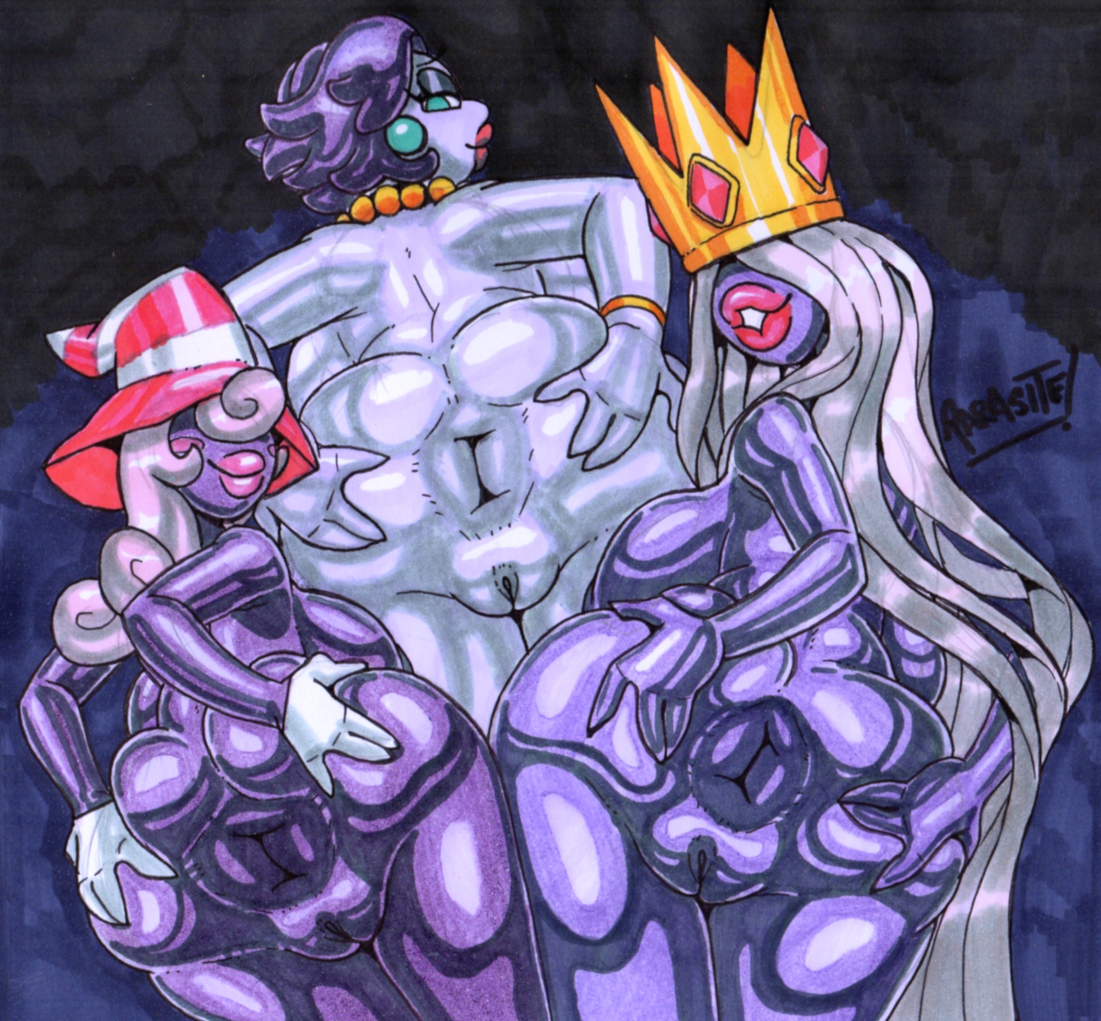 2025, 3girls, 4 fingers, abstract background, air creature, air humanoid, anus, artist name, ass, big anus, big ass, big breasts, big butt, blue eyes, breasts, bubble butt, clothing, crown, curvaceous, curvy, curvy body, curvy female, curvy figure, ear piercing, ear ring, elemental creature, elemental humanoid, enormous ass, enormous breasts, enormous butt, eyelashes, eyeshadow, female, female focus, female only, fingers, gem, genitals, ghost, gigantic ass, gigantic breasts, gigantic butt, glistening, glistening body, glistening skin, gloves, graphite (artwork), grey body, grey hair, grey skin, group, hair over eyes, handwear, hat, headgear, headwear, hi res, huge ass, huge breasts, huge butt, huge hips, humanoid, jewelry, large ass, large breasts, lipstick, long hair, looking at viewer, looking back, looking back at viewer, madame flurrie, makeup, mario (series), mario bros, marker (artwork), massive ass, massive breasts, massive butt, necklace, nintendo, nipples, nude, nude female, nude humanoid, paper mario, paper mario: the thousand year door, parasitedeath, pearl (gem), pearl necklace, piercing, pink hair, pink lipstick, plump labia, presenting, presenting anus, presenting hindquarters, puffy nipples, purple body, purple hair, purple skin, pussy, red lipstick, ring piercing, rosy cheeks, shadow queen, shadow siren, short hair, smile, spirit, spread anus, spread ass, spread butt, spreading, text, thick ass, thick butt, thick thighs, thunder thighs, traditional media (artwork), trio, vivian (mario), vivian (paper mario), voluptuous, voluptuous female, voluptuous humanoid, vulva, watermark, white clothing, white gloves, white handwear, wide hipped female, wide hipped humanoid, wide hips, witch hat