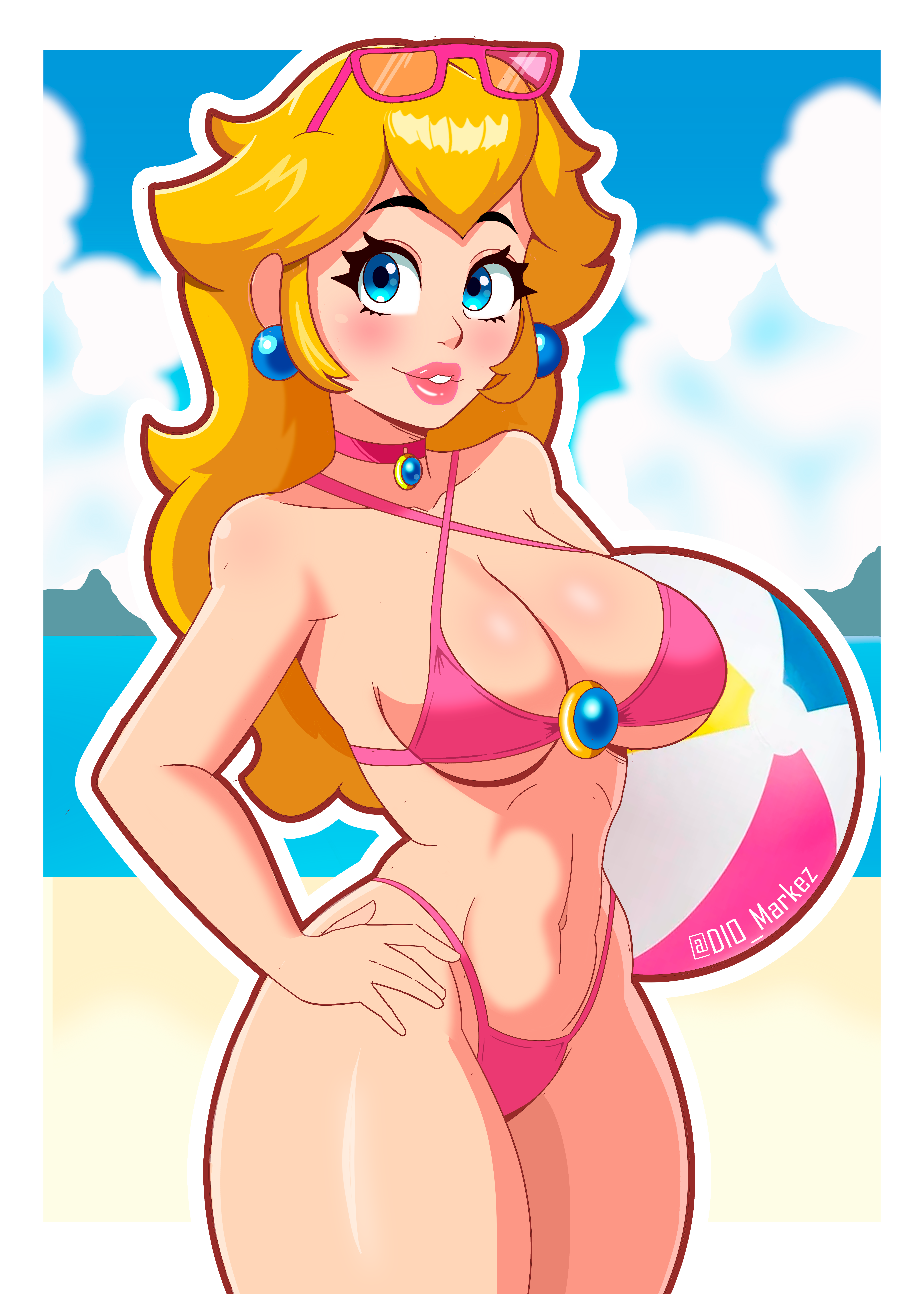 artist name, ball (object), beach, beachball, bikini, blonde hair, blue eyes, blue sky, breasts, choker, cleavage, cloud, cowboy shot, criss cross halter, day, dio markez, dio morningstar, earrings, eyewear on head, female, halterneck, hand on own hip, highleg, highleg bikini, holding, jewelry, large breasts, lips, long hair, looking at viewer, mario (series), mario bros, mario kart, morningstar (artist), navel, outdoors, outline, parted lips, pink bikini, pink choker, pink lips, princess peach, sky, smile, solo, sphere earrings, sunglasses, swimsuit, thighs, white outline