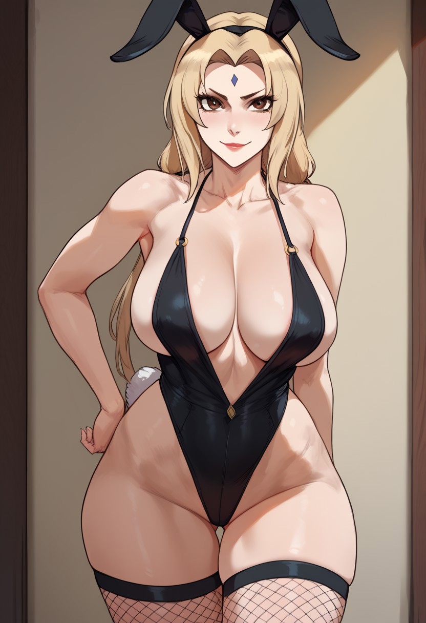 ai generated, blonde hair, breasts, bunny ears, bunnysuit, etchigirls, female, large breasts, lingerie, naruto (series), tsunade