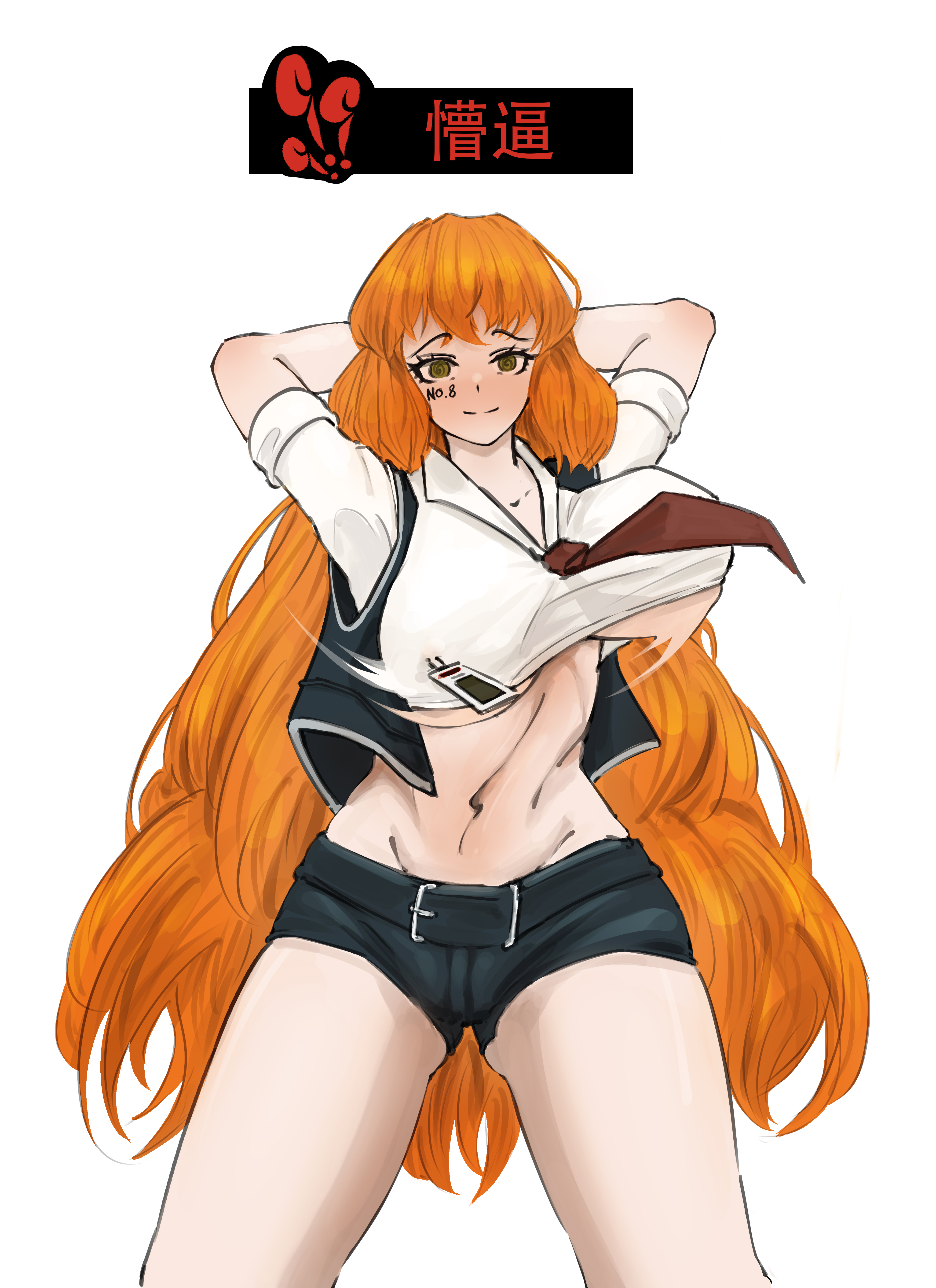 1girls, arms behind head, arms up, big breasts, blush, booty shorts, breasts, female, female only, hypnosis, ishmael (limbus company), large breasts, limbus company, long hair, looking at viewer, midriff, navel, no bra, orange hair, project moon, sengzhiyuan, shorts, simple background, smile, solo, swaying breasts, swinging breasts, swirly eyes, thick thighs, underboob, very long hair, white background, yellow eyes