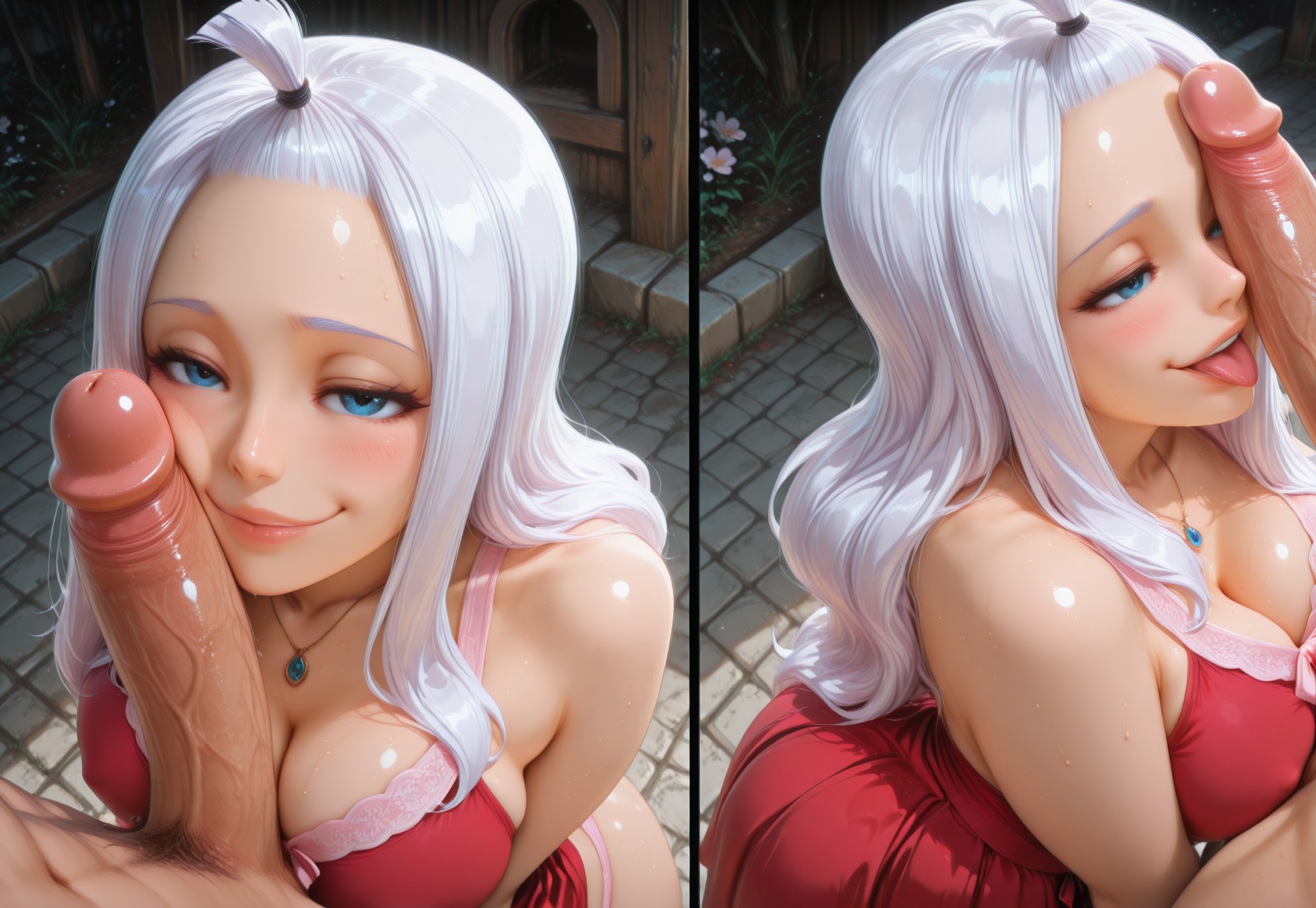 ai generated, big breasts, big penis, blue eyes, breasts, clothed, clothed sex, clothing, dress, echodantalian, fairy tail, female, male, mirajane strauss, penis, penis on face, red dress, red miniskirt, smile, smiley face, white hair