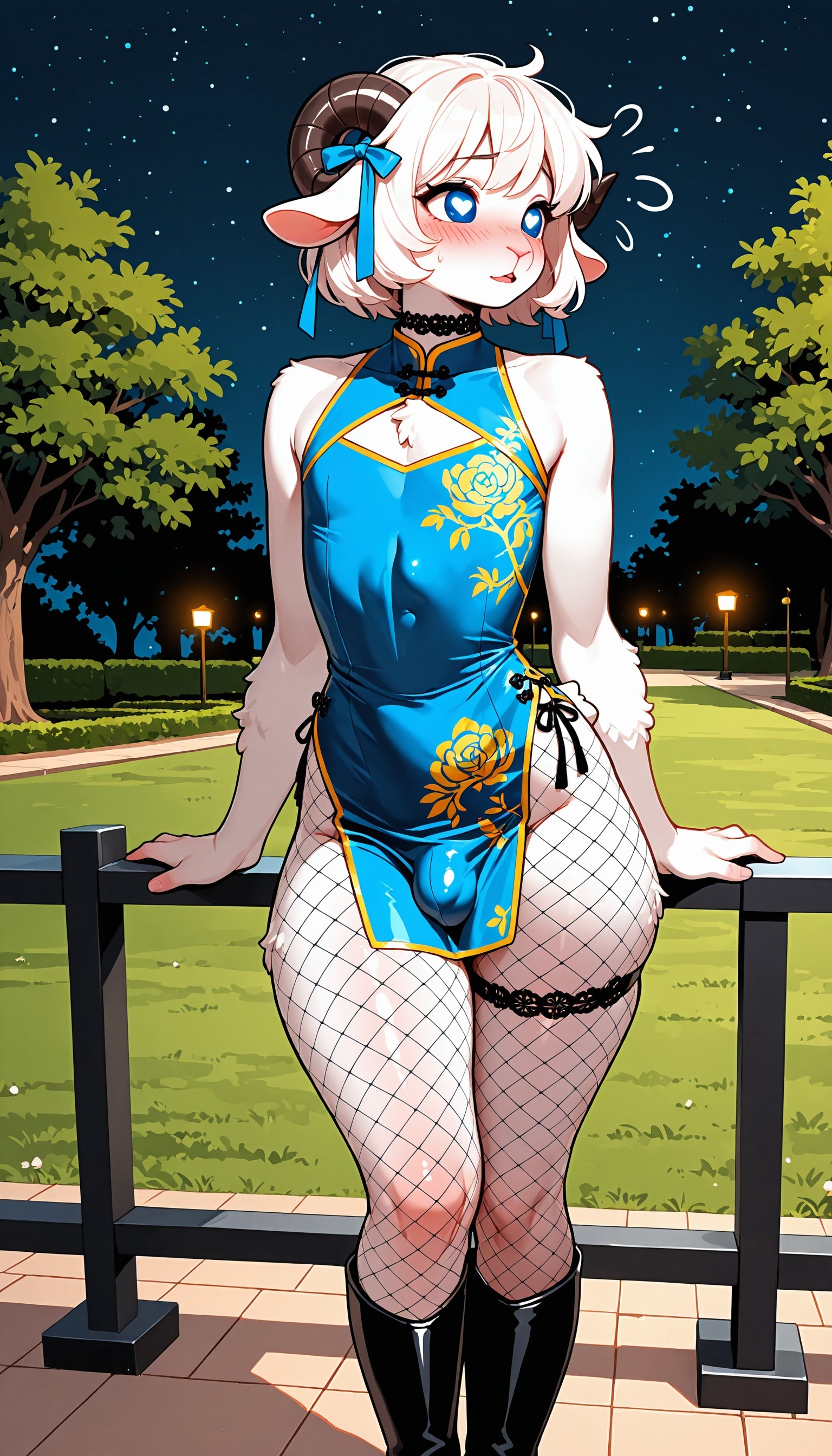 1male, ai generated, anthro, anthropomorphic, anthropomorphic sheep, bare shoulders, blue eyes, blush, boots, bulge, cheongsam, china dress, chinese clothes, choker, femboy, feminine male, fishnet legwear, fishnets, fur, furry, male, male only, night, park, sheep, sheep horns, solo, thick thighs, thigh strap, trees