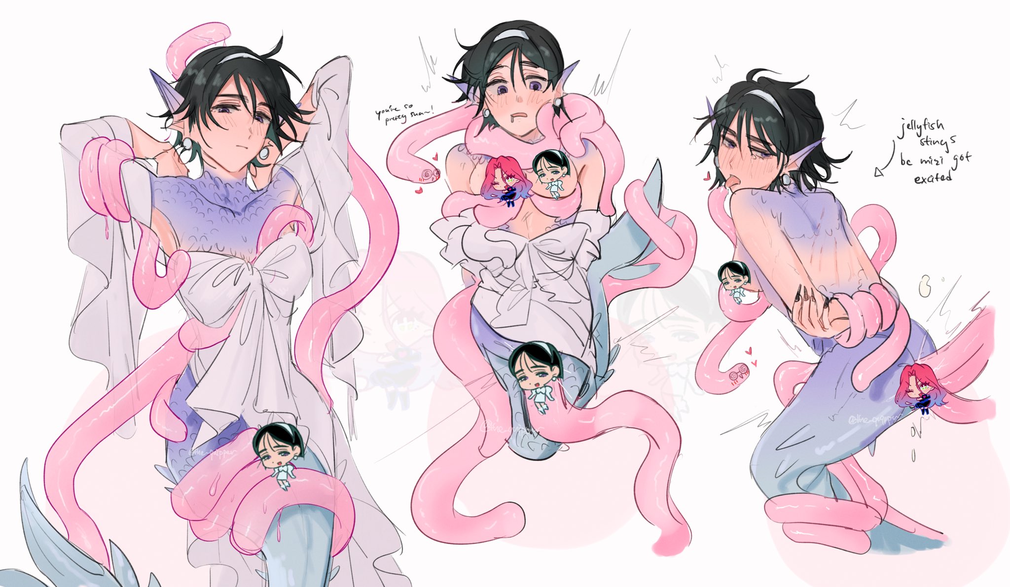 2girls, alien stage, arms behind back, black hair, black nails, blush, bound arms, breasts, censored, english text, female, hairband, head fins, heart, merfolk, mermaid, mizi (alien stage), multiple views, pearl earrings, purple eyes, purple scales, saliva, scales, short hair, sua (alien stage), tentacle, tentacle sex, the quipper, tongue, tongue out, white dress, white hairband, yuri