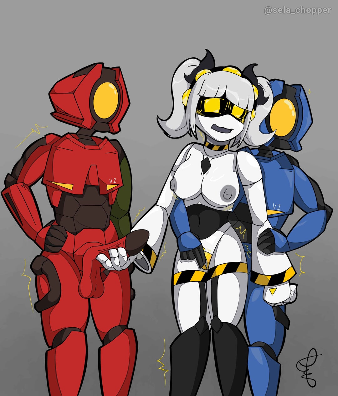 female, fingering, implied anal, j (murder drones), male, male/female, murder drones, penis, reconstruct what?, sela chopper (artist), ultrakill, v1 (ultrakill), v2 (ultrakill)