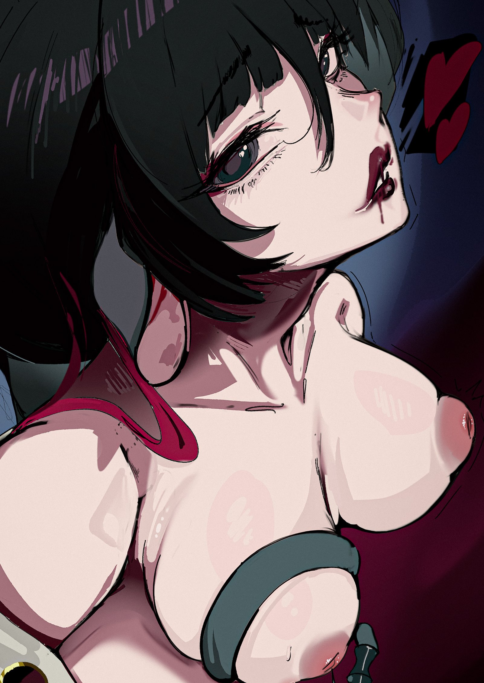 breast squeeze, breasts, female, from below, inverted nipples, jane doe (zenless zone zero), kaiserart, lipstick, rat girl, red lipstick, zenless zone zero