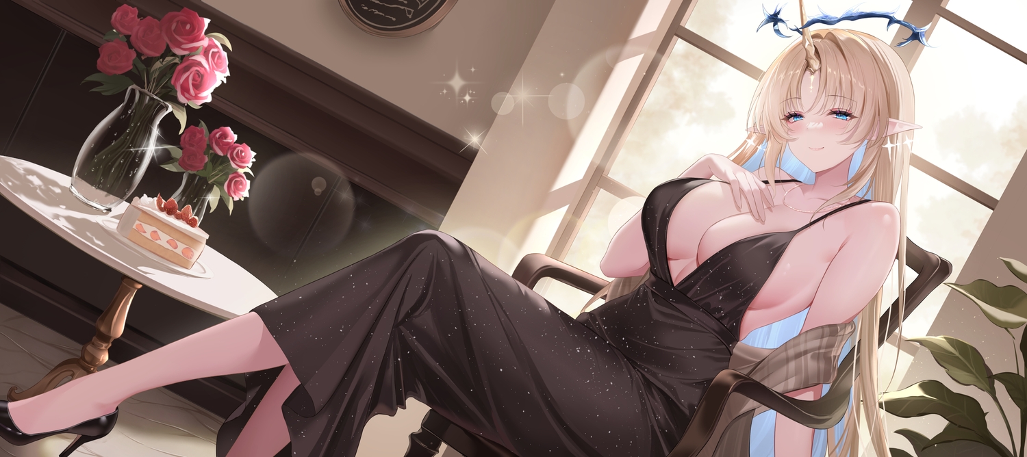 blonde hair, blue eyes, blush, breast hold, breasts, cake, cleavage, dress, female, fleurdelys (wuthering waves), flowers, food, fruit, halo, horns, leaves, long hair, nanoda002 (saber427), necklace, pointy ears, rose, sideboob, strawberry, tagme, wuthering waves