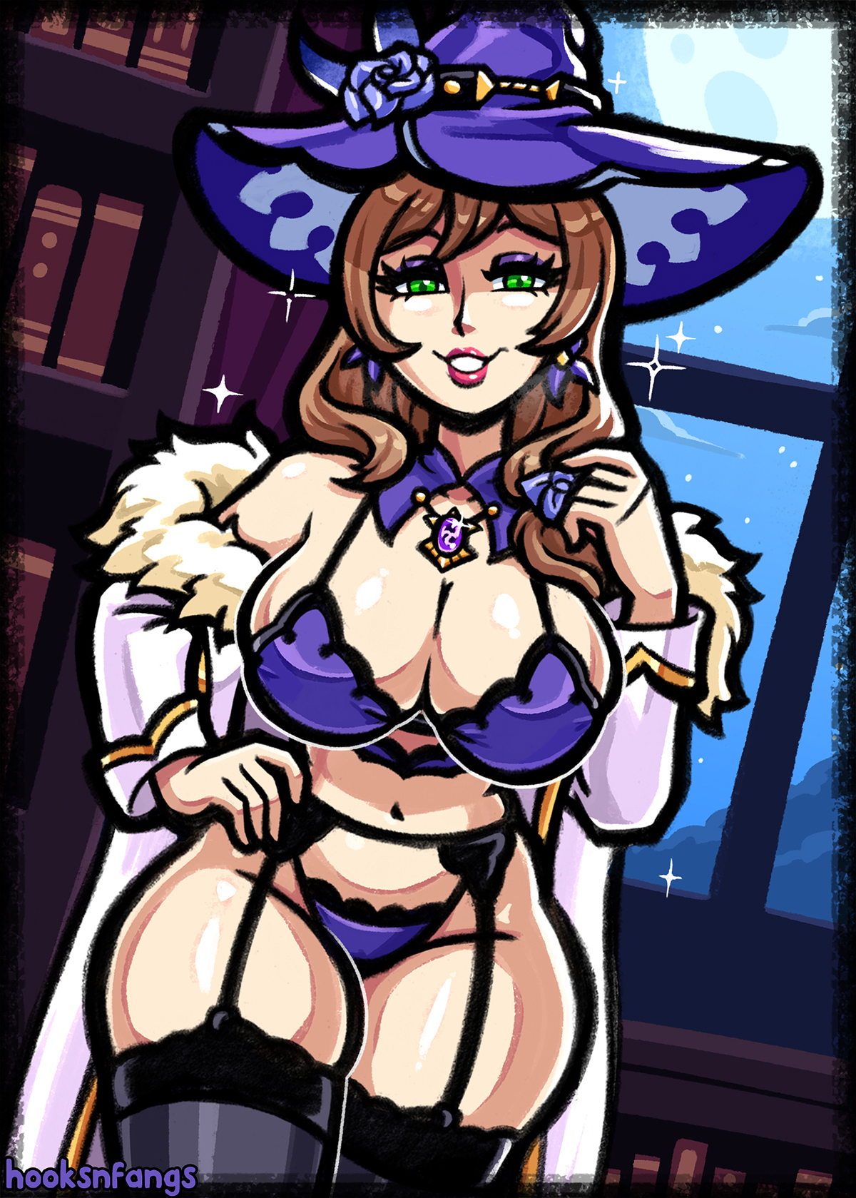 1girls, black thighhighs, bottomwear, bra, breasts, brown hair, coat, ear piercing, earrings, eyeshadow, female, female only, flower in hair, fur coat, garter belt, garter straps, genshin impact, green eyes, hair, hand on hip, hat, headwear, hips, hooksnfangs, large breasts, legwear, lingerie, lips, lipstick, lisa (genshin impact), mature, mature female, mature woman, panties, purple bra, purple eyeshadow, purple panties, solo, solo female, sparkles, thick thighs, thighhighs, thighs, topwear, wide hips, witch, witch hat