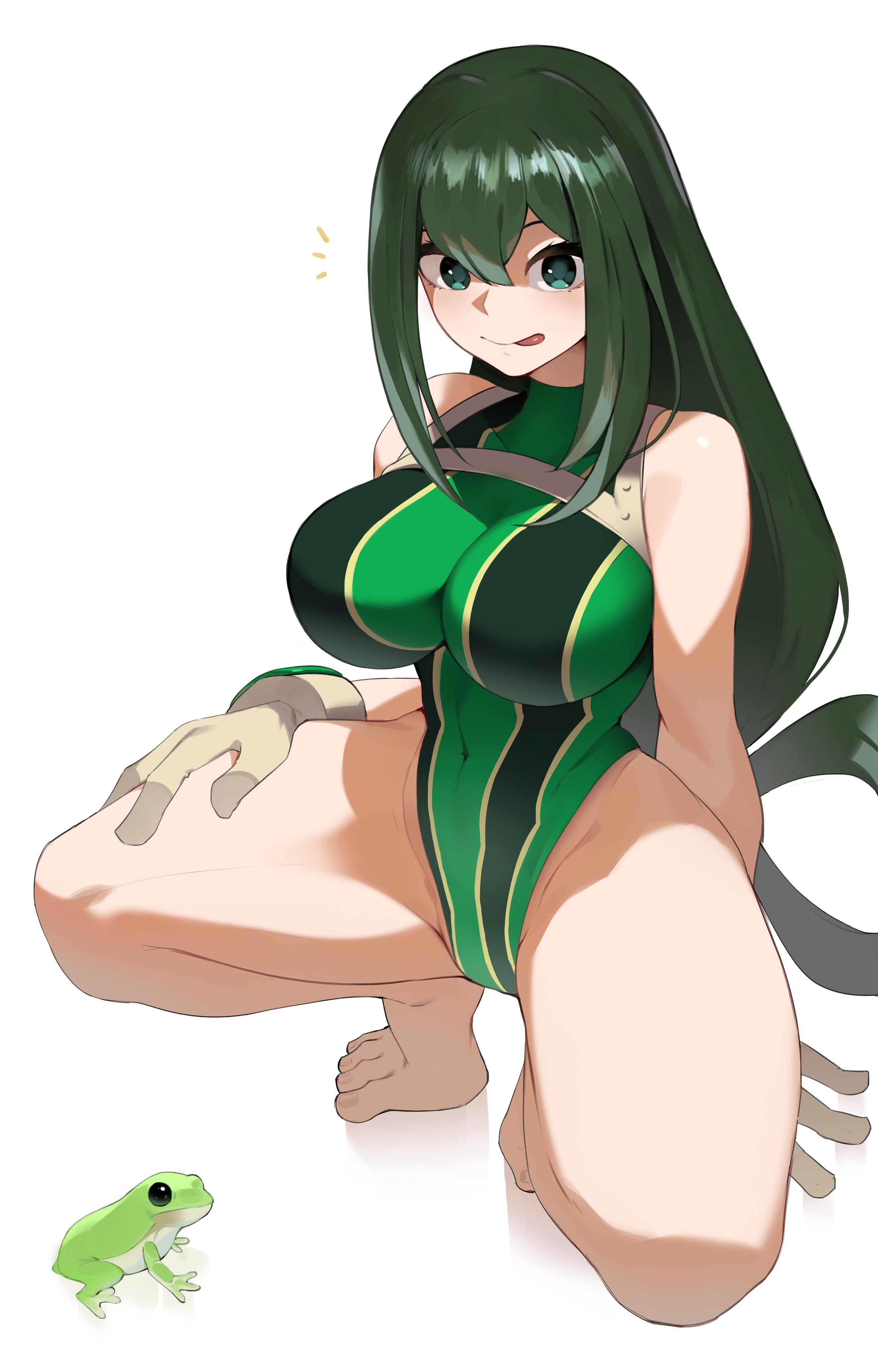 1girls, absurdres, asui tsuyu, bare shoulders, barefoot, boku no hero academia, breasts, commentary, covered navel, female, female only, fit female, frog, full body, gloves, green eyes, green hair, green leotard, green-haired female, hero outfit (mha), highres, hourglass figure, human, human female, kopam, large breasts, leotard, light-skinned female, long hair, my hero academia, navel, paid reward available, simple background, slim waist, spread legs, squatting, symbol-only commentary, thick thighs, tongue, tongue out, tsuyu asui, very long hair, white background, white gloves, wide hips
