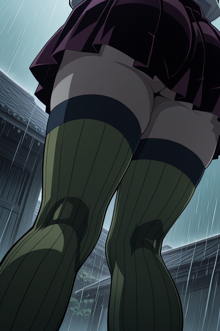 ai generated, ass focus, back view, kanroji mitsuri, kimetsu no yaiba, sexy body, skirt, thigh highs