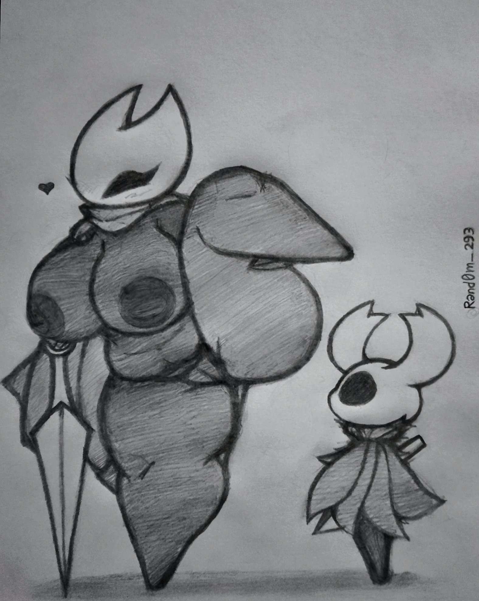 1boy, 1girls, 2 horns, abdomen, artist signature, big breasts, black and white, black body, black skin, breasts, brother and sister, cape, empty eyes, eyelashes, female, greyscale, heart symbol, hollow eyes, hollow knight, hornet (hollow knight), horns, huge breasts, incest, larger female, leg up, male, monochrome, nipples, one leg up, partially clothed, pencil (artwork), protagonist (hollow knight), pussy, rand0m 293, seductive, seductive eyes, seductive look, seductive pose, siblings, size difference, smaller male, sword, the knight (hollow knight), thick thighs, traditional media (artwork), vessel (species)