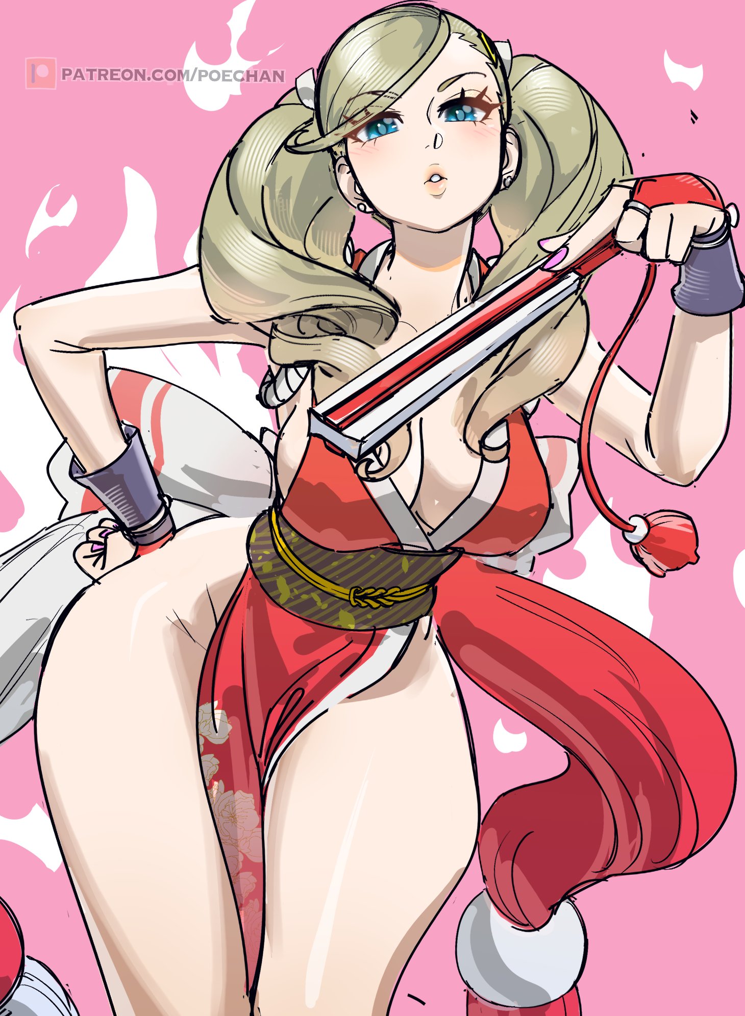 1girls, ann takamaki, artist name, blonde hair, blue eyes, breasts, clothed, commentary request, cosplay, female, female only, folding fan, hand fan, highres, holding, holding fan, japanese clothes, king of fighters, large breasts, long hair, looking at viewer, mai shiranui (cosplay), parted lips, patreon logo, patreon username, pelvic curtain, persona, persona 5, pink background, pink nails, poechan, revealing clothes, snk, solo, twintails, watermark, web address