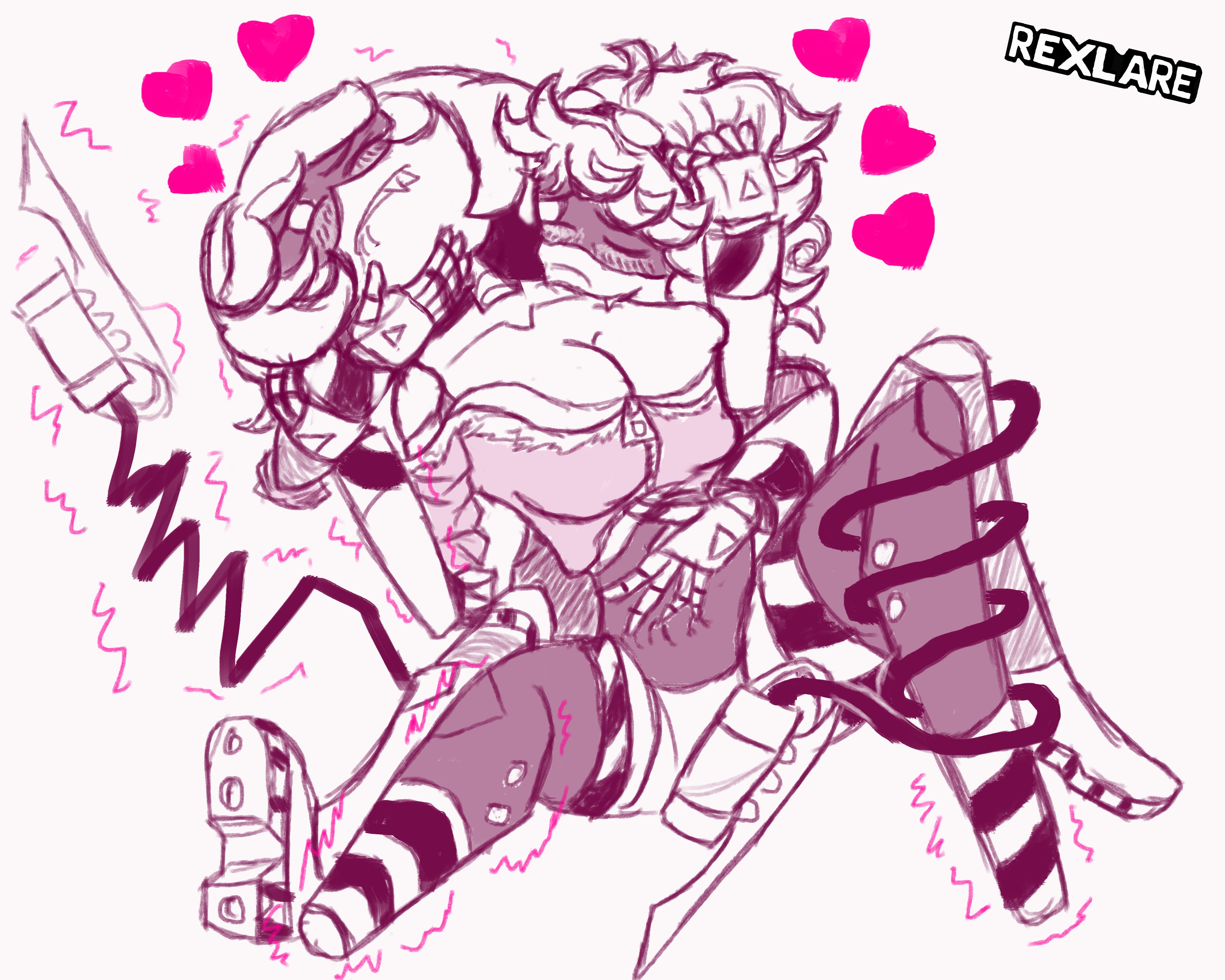 1boy, 1girls, artist name, artist signature, bite, biting, blushing female, blushing male, breasts, dominant male, envy (murder drones), fangs, female, glitch productions, grabbing from behind, grabbing partner, heart, male, murder drones, n (murder drones), rexlare, robot, robot boy, robot girl, robot humanoid, sonic (series), submissive female, tail grab, twitching, v (murder drones)