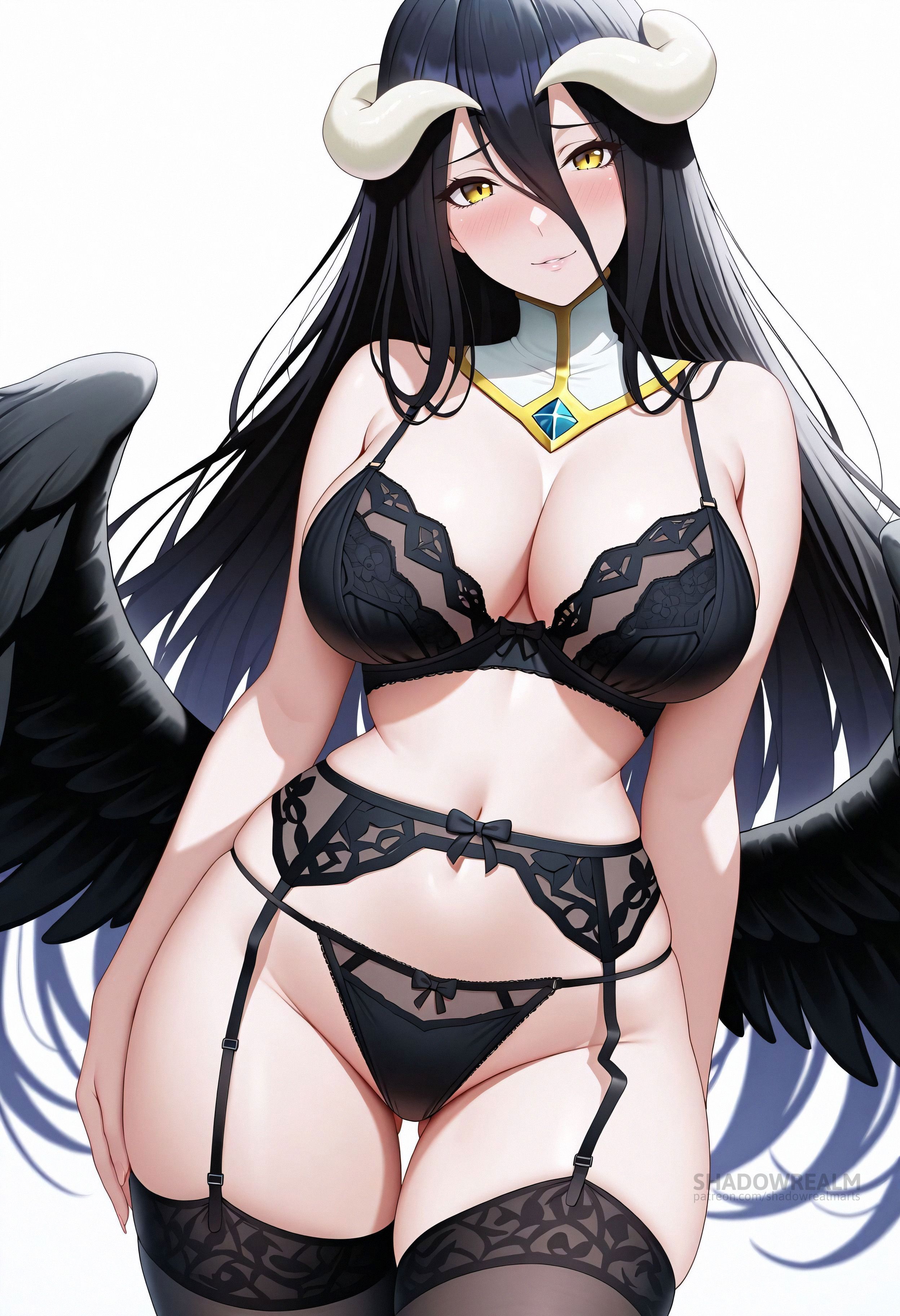 ai generated, albedo (overlord), ass visible through thighs, bare shoulders, black bra, black garter belt, black hair, black panties, black thighhighs, black wings, blush, bow panties, bra, breasts, cleavage, closed mouth, demon, demon girl, demon horns, detached collar, feathered wings, female, garter belt, hair between eyes, horns, large breasts, lingerie, long hair, looking at viewer, low wings, navel, overlord (maruyama), panties, shadowrealmarts, simple background, skindentation, smile, solo, stomach, thigh gap, thighhighs, thighs, uncensored, underwear, underwear only, very long hair, white background, white horns, wings, yellow eyes