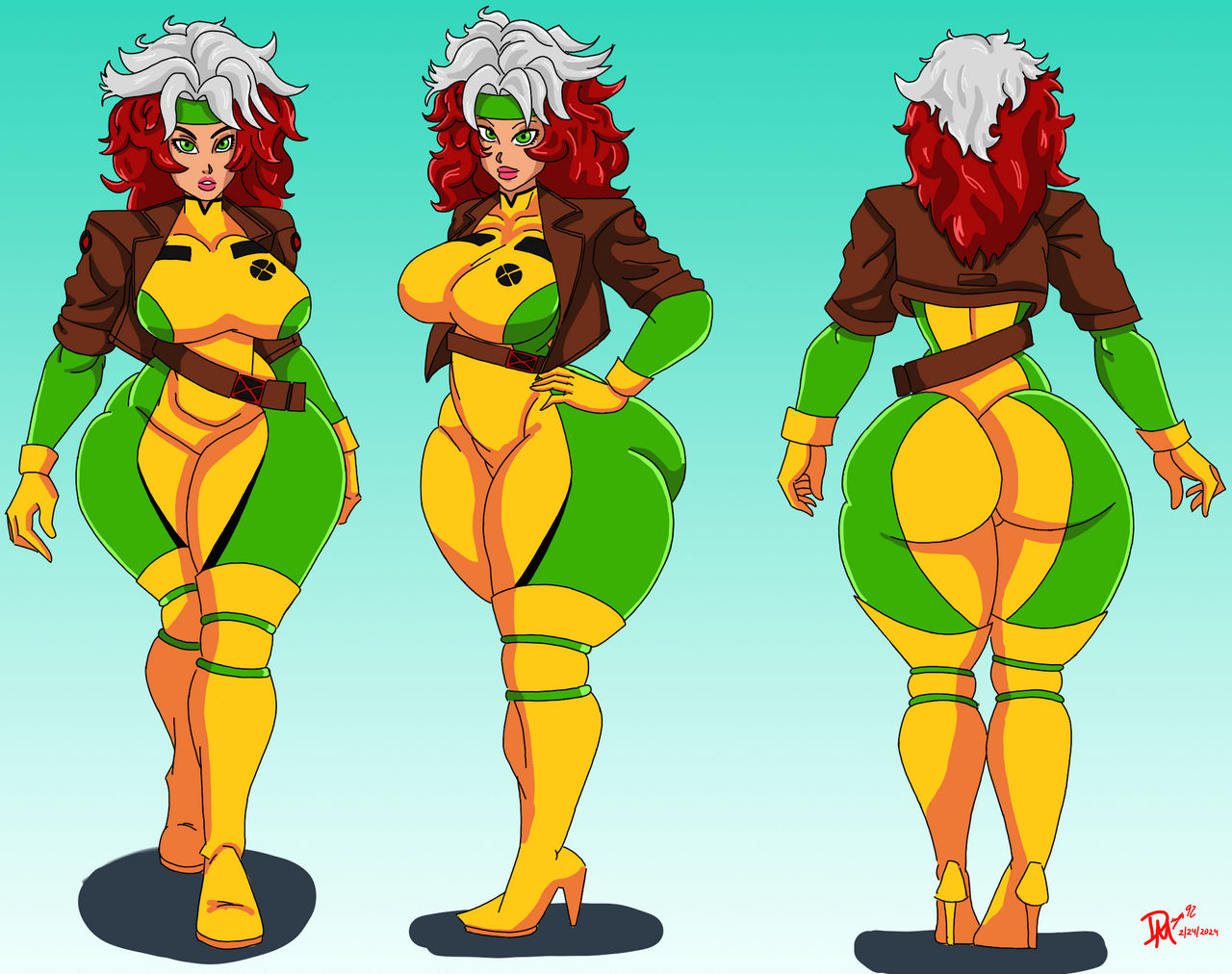 1girls, ass, big ass, big breasts, bodysuit, breasts, brown hair, costume, female, female only, green eyes, hairband, hand on hip, heel, heel boots, hips, hips wider than shoulders, huge ass, jacket, large ass, marvel, marvel comics, pinup, rogue (x-men), simple background, skin tight, solo, solo female, thatdirtymexican92, two-tone hair, voluptuous female, white hair, wide hips, x-men