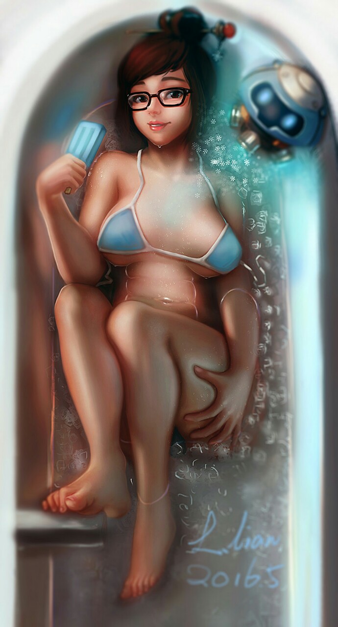 barefoot, bath, bbw, bikini, blisschild1, eyewear, feet, female, glasses, human, mei (overwatch), overwatch, robot, snowball (overwatch), solo, toes
