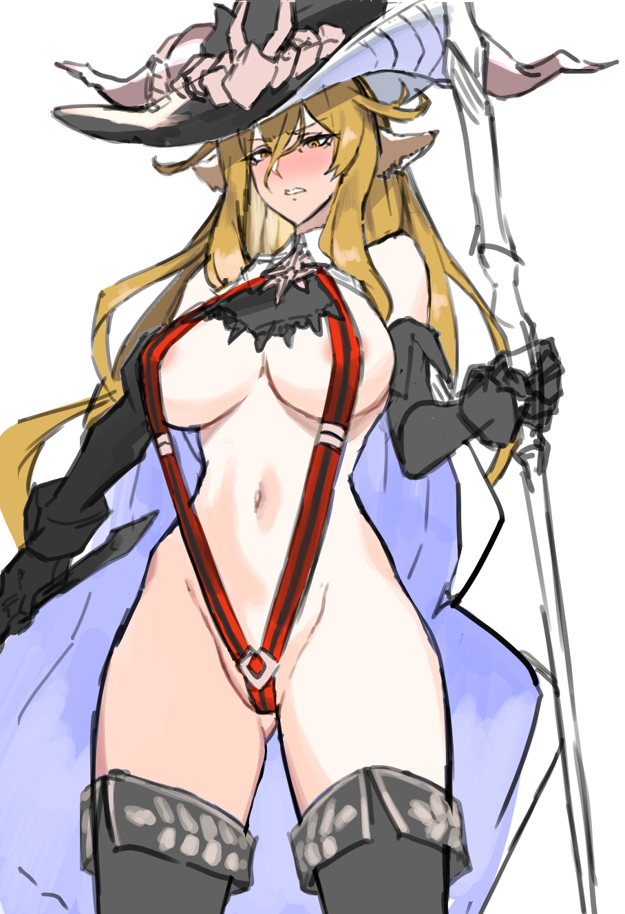 areola slip, arknights, degenbrecher (arknights), female, sketch, sling bikini, staff, thigh boots, ukimukai, witch hat