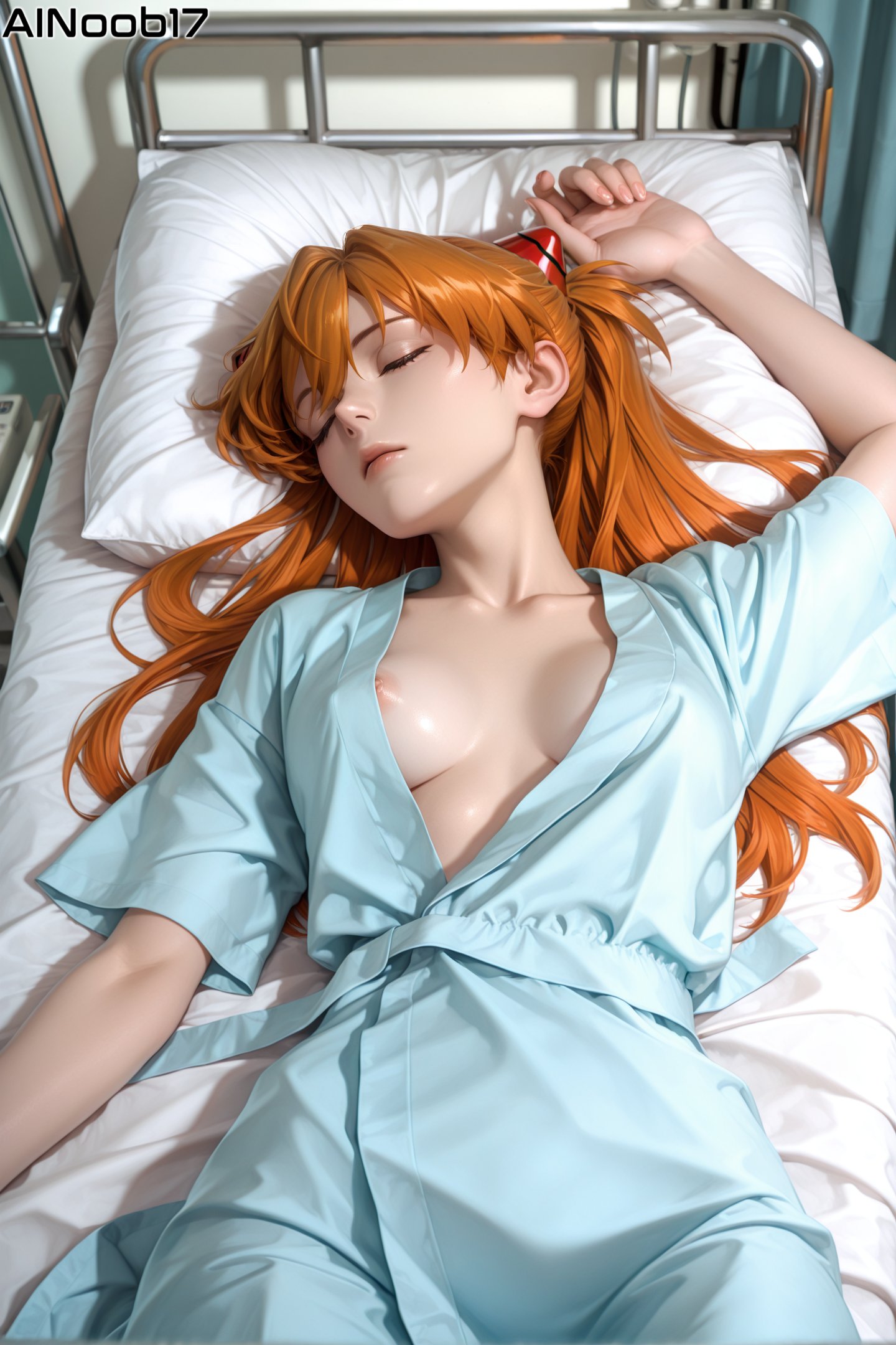 1girls, ai generated, ainoob17, asuka langley sohryu, bare chest, comatose, female, hospital, hospital gown, neon genesis evangelion, on bed, red hair, sleeping, solo, tagme, unconscious, unconscious female, visible nipples