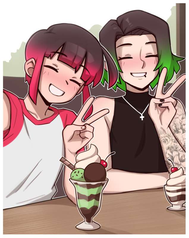 2boys black_hair blush closed_eyes cross_necklace crossdressing dross emerald_(dross) femboy femboy/femboy femboy_only gay ice_cream jewelry jewels_(dross) light-skinned_male light_skin male male/male male_only multicolored_hair necklace open_mouth red_hair ruby_(dross) sfw smile t-shirt tattoo they_love_each_other white_teeth wholesome