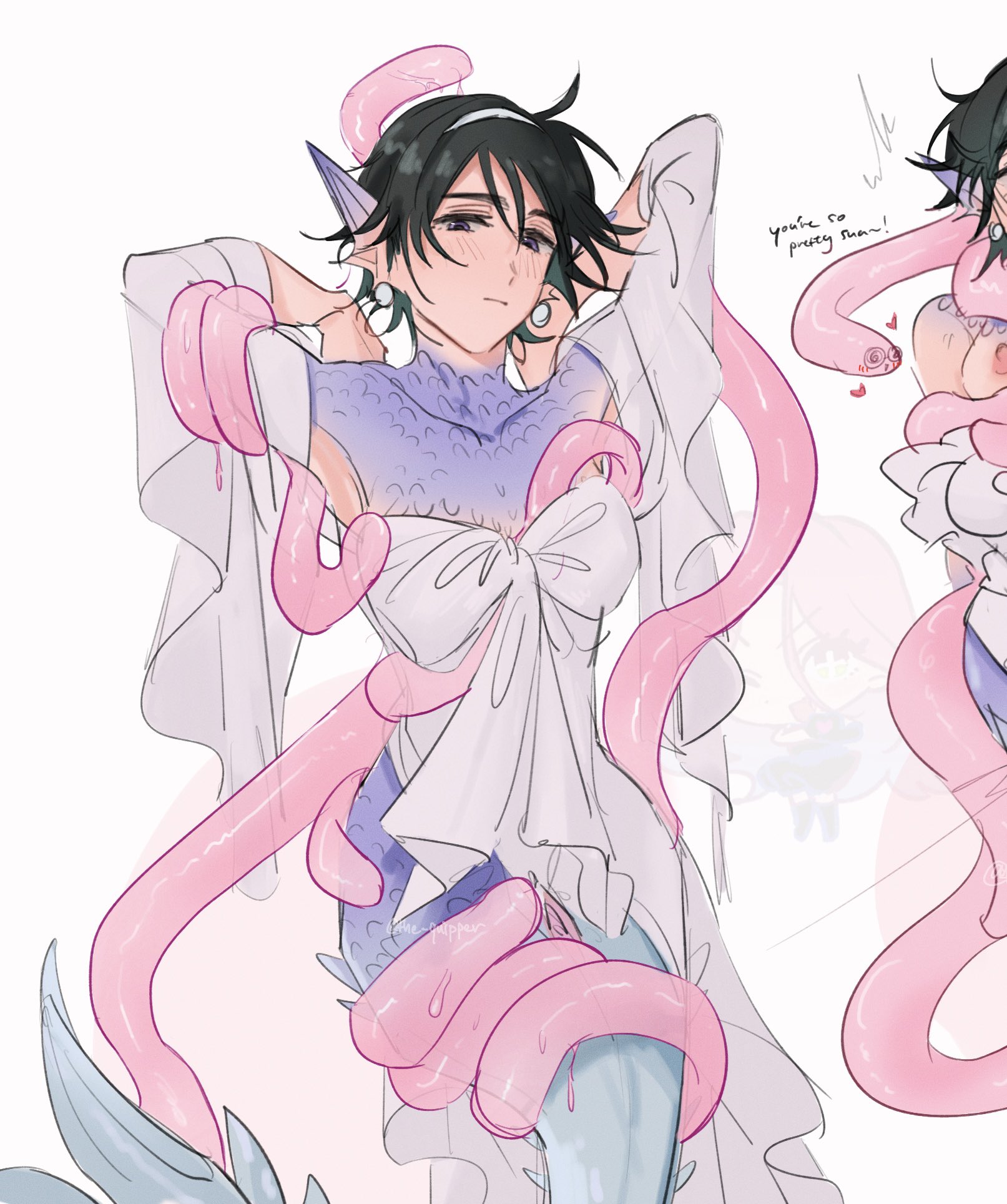 2girls, alien stage, black hair, blush, english text, female, hairband, head fins, heart, merfolk, mermaid, mizi (alien stage), pearl earrings, purple eyes, purple scales, pussy, scales, short hair, sua (alien stage), tentacle, the quipper, uncensored, white dress, white hairband, yuri