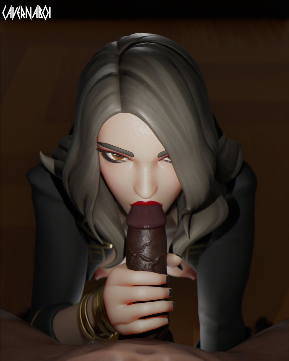 3d, blowjob, caveboi, cavernaboi, dark skin, dark-skinned male, female, fortnite, fortnite: battle royale, grey hair, hand on penis, interracial, light skin, light-skinned female, lips at tip, looking at viewer, male, penis, red lipstick, self upload, victoria saint