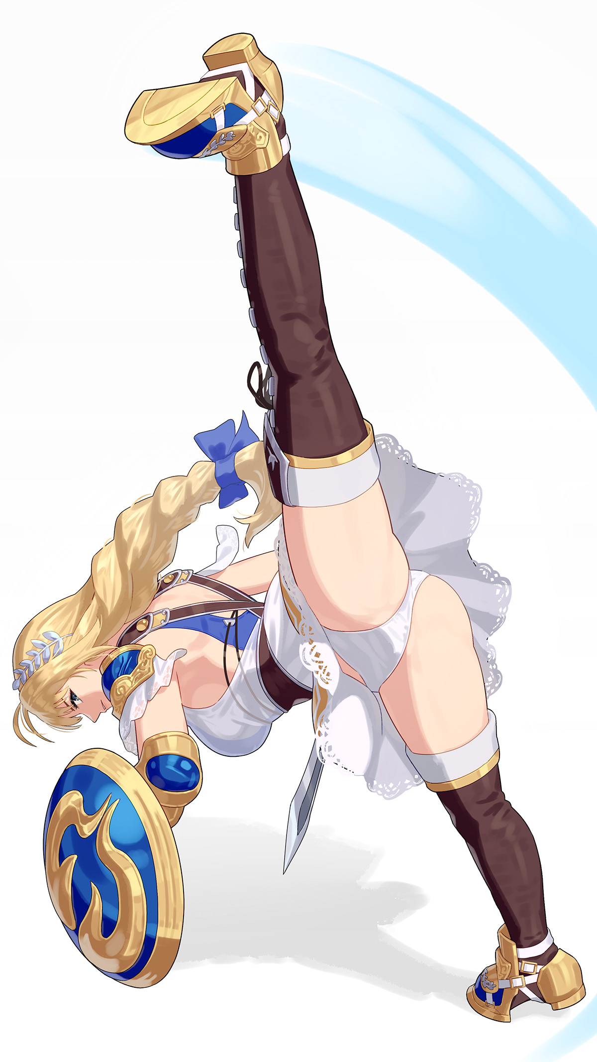 braided ponytail, female, kicking, panties, shield, sophitia alexandra, soul calibur, sword, thigh boots, yagi2105