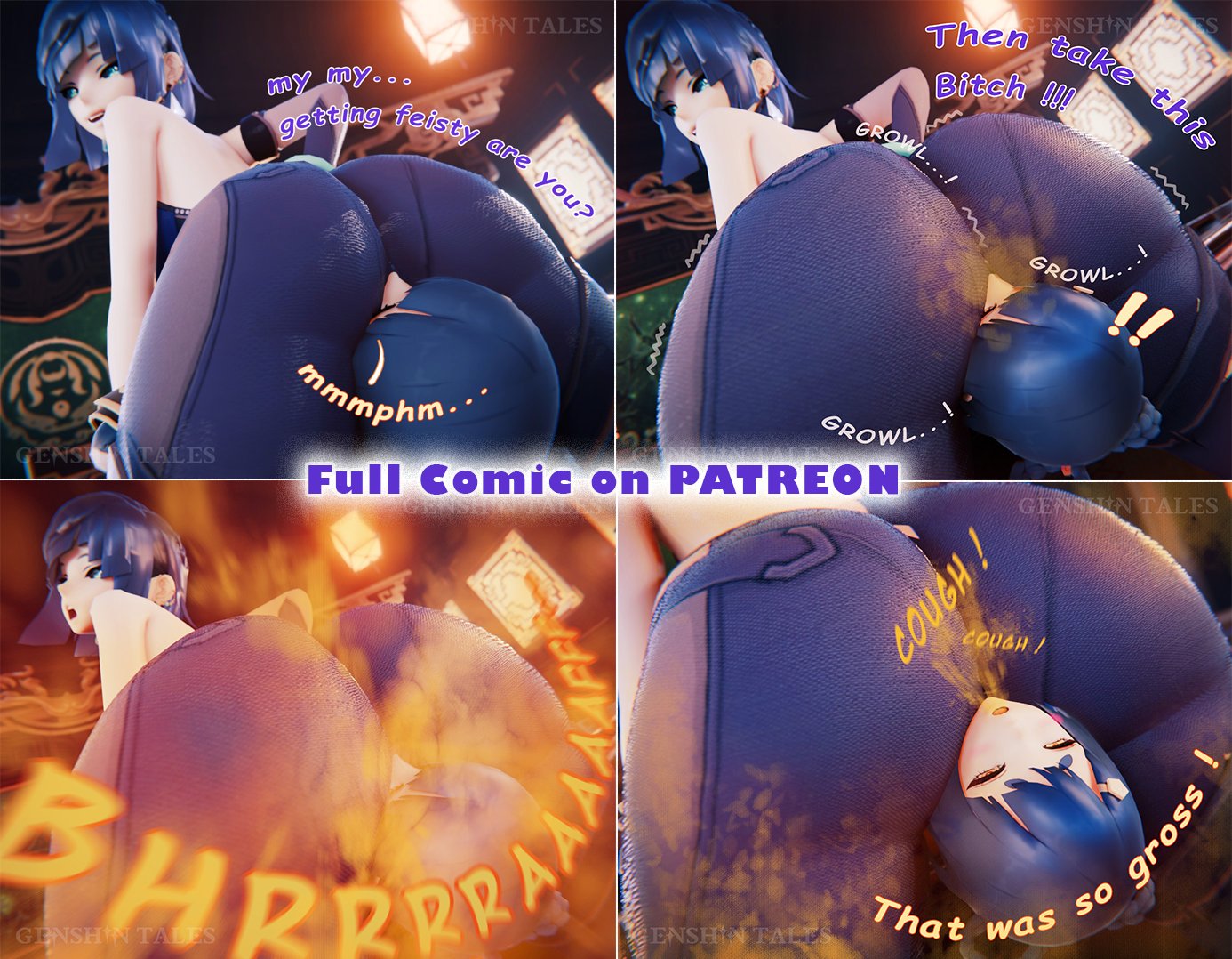 2girls, ass, ass focus, facesitting, fart, fart fetish, farting on face, female, genshin impact, genshintales, hoyoverse, mihoyo, open mouth, patreon, sample, xiangling (genshin impact), yelan (genshin impact)