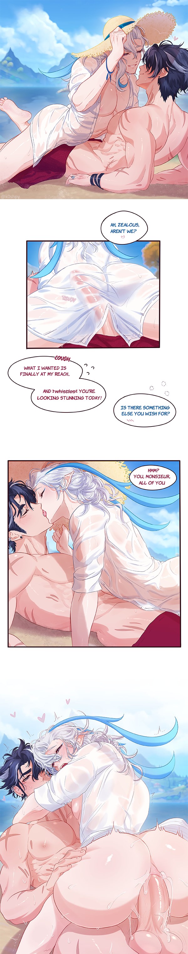 2boys, anal, anal penetration, anal sex, beach, comic, dialogue, gay, gay sex, genshin impact, k0shpy, kissing, male, neuvillette (genshin impact), penetration, sex, tagme, wriothesley (genshin impact), yaoi