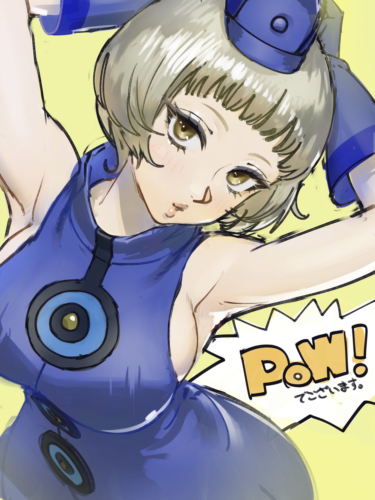 1girls, armpits, arms behind head, arms up, bare shoulders, big breasts, breasts, dress, elizabeth (persona), english text, female, female only, gloves, hat, highres, large breasts, light blush, looking at viewer, persona, persona 3, poechan, poechan chan, puckered lips, short hair, sideboob, simple background, sleeveless, smile, solo, sound effects, speech bubble, white hair, yellow eyes