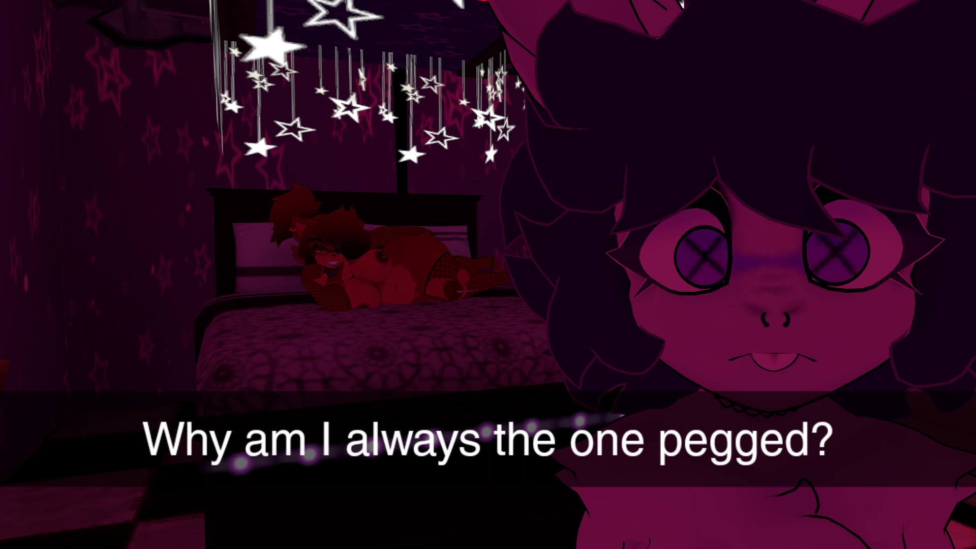 1femboy, 1futa, 3d, breasts, femboy, fexa, five nights at freddy's, foxy (cally3d), foxy (fnaf), fredina's nightclub, futanari, intersex, large breasts, laying on bed, laying on side, male, neutral expression, oc, original character, snapchat, sweatshirts (vrchat), vrchat, vrchat avatar