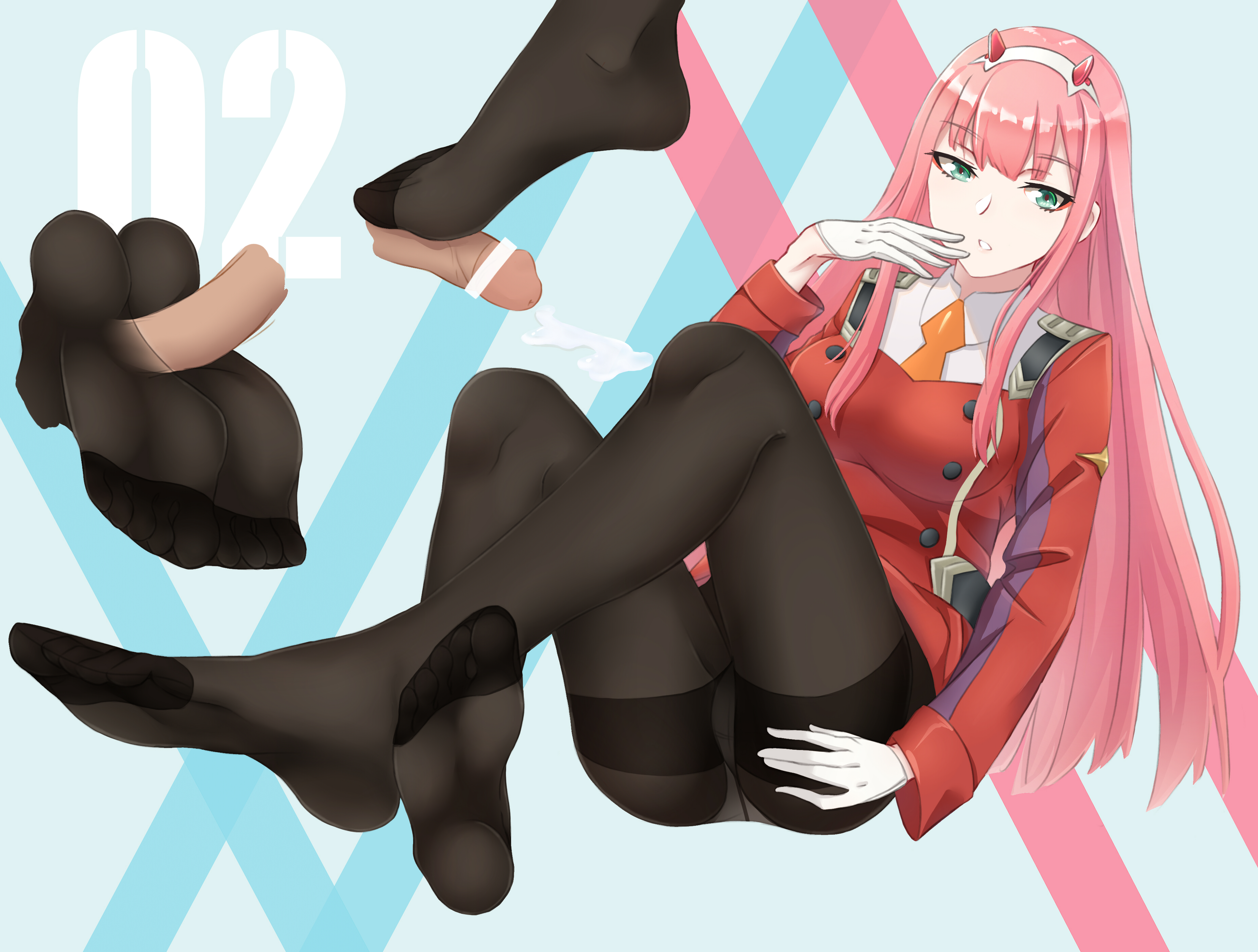 darling in the franxx, feet, female, footjob, footjob with legwear, green eyes, highres, long hair, looking at viewer, no shoes, panties under pantyhose, pantyhose, parted lips, pink hair, soles, toes, zero two (darling in the franxx)