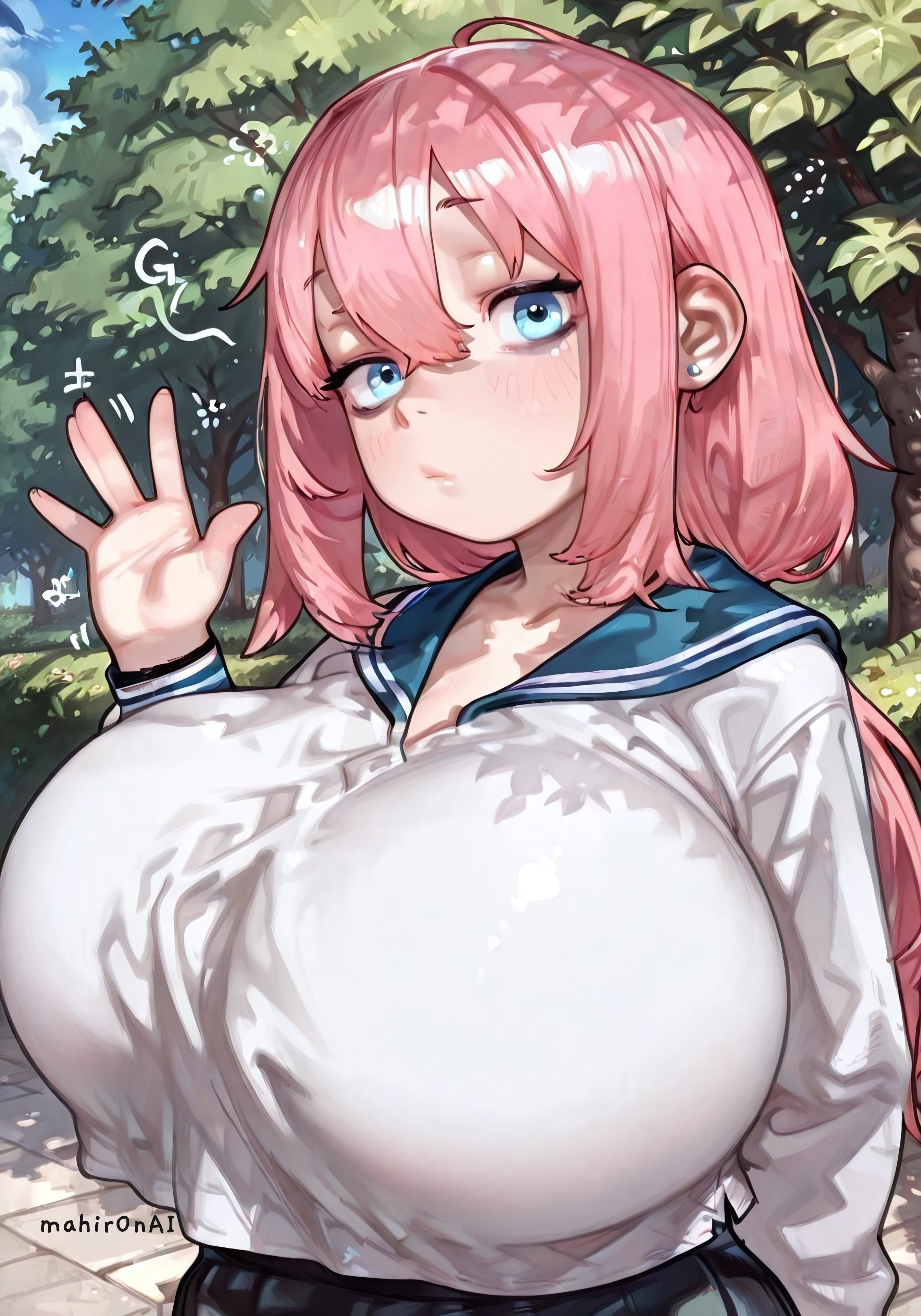ai generated, bags under eyes, blue eyes, breasts, civitai, closed mouth, female, gigantic breasts, greeting, high resolution, highres, huge breasts, large breasts, long hair, looking at viewer, mahir0n, michinoku komaro, outdoors, outside, pink hair, school uniform, schoolgirl, seifuku, seitokai ni mo ana wa aru!, seitokai nimo anawa aru!, solo, solo female, tagme, tree, waving, waving at viewer, white skin